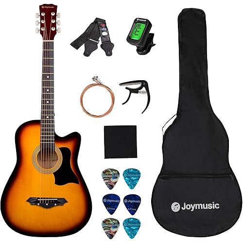 Joymusic 38 inch sunburst beginner acoustic guitar kit,bundle with a strap with picks holder,digital tuner, set strings, capo,cleaning cloth,6 picks,gig bag.(JG-38C,3TS)