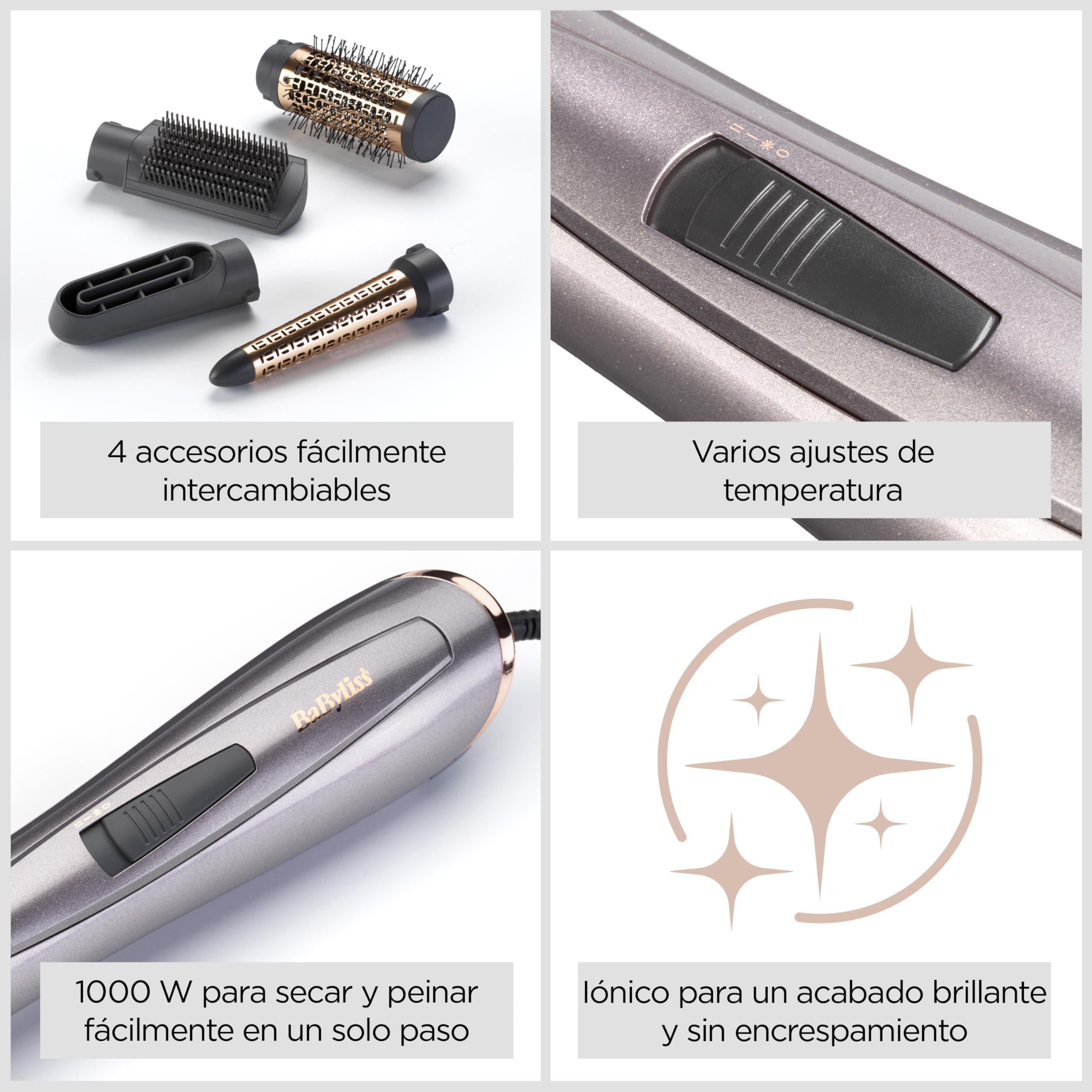 BaByliss Cepillo de Aire Style 1000 - Cepillo secador de pelo, Todo en Uno, Voluminizador y Rizador, Sistema iónico avanzado, Antiencrespamiento, 1000 W, 4 accesorios, Cobre/Gris, AS136E