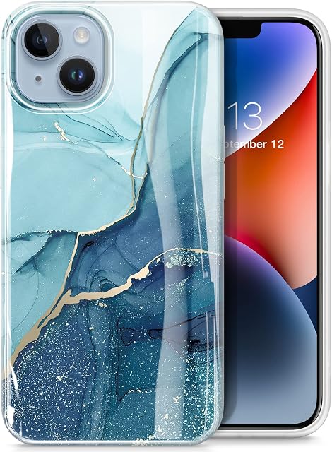 GVIEWIN Compatible with iPhone 14 Case/Compatible with iPhone 13 Case 6.1" 2022/2021, [10FT Military Grade Shockproof] Marble Scratch-resistant Slim Soft TPU Stylish Protective Bumper Cover, Navy Blue