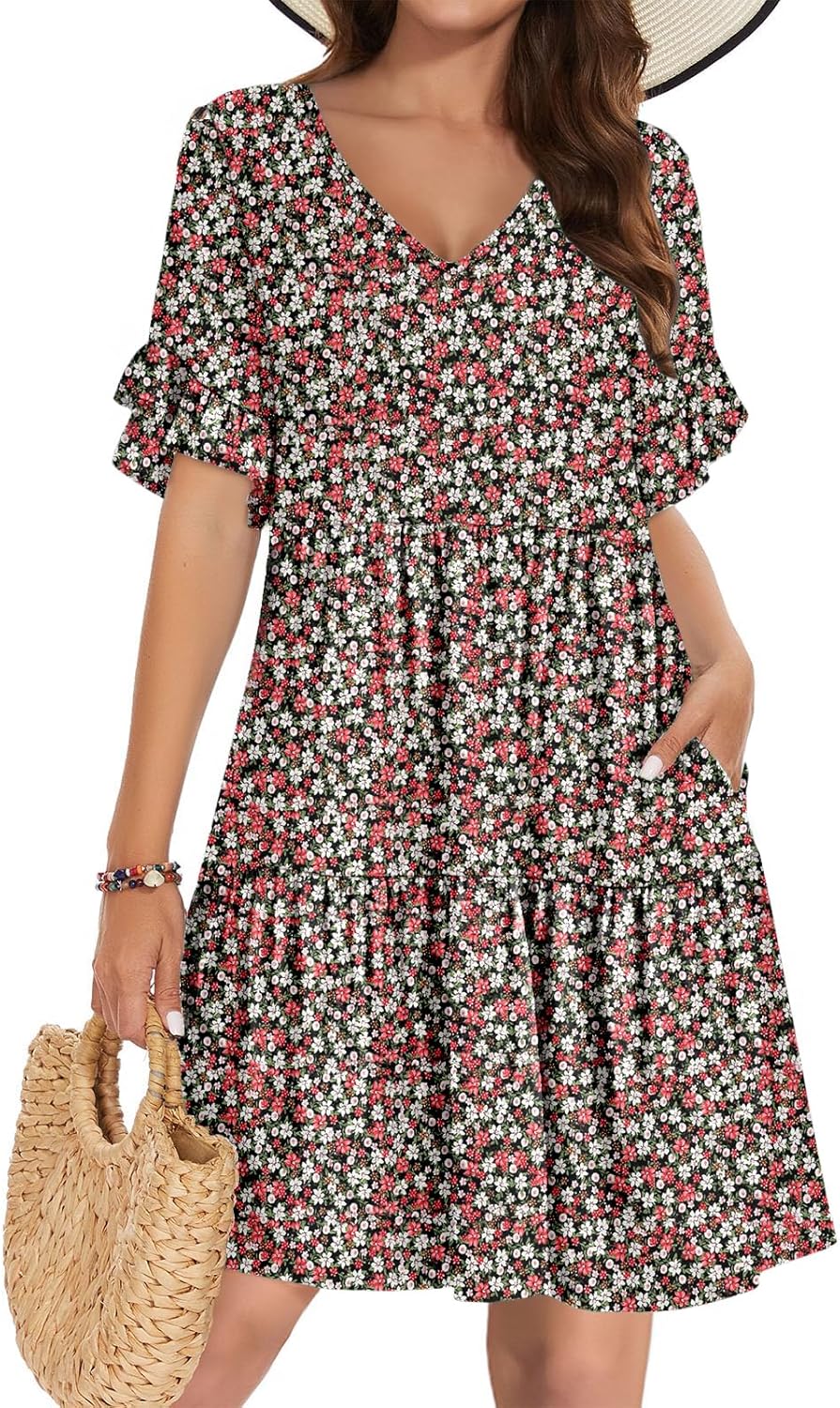 Summer Dresses for Women 2026 Loose V Neck Ruffle Sleeve Tiered Flowy Casual A Line Mini Beach Dress with Pockets