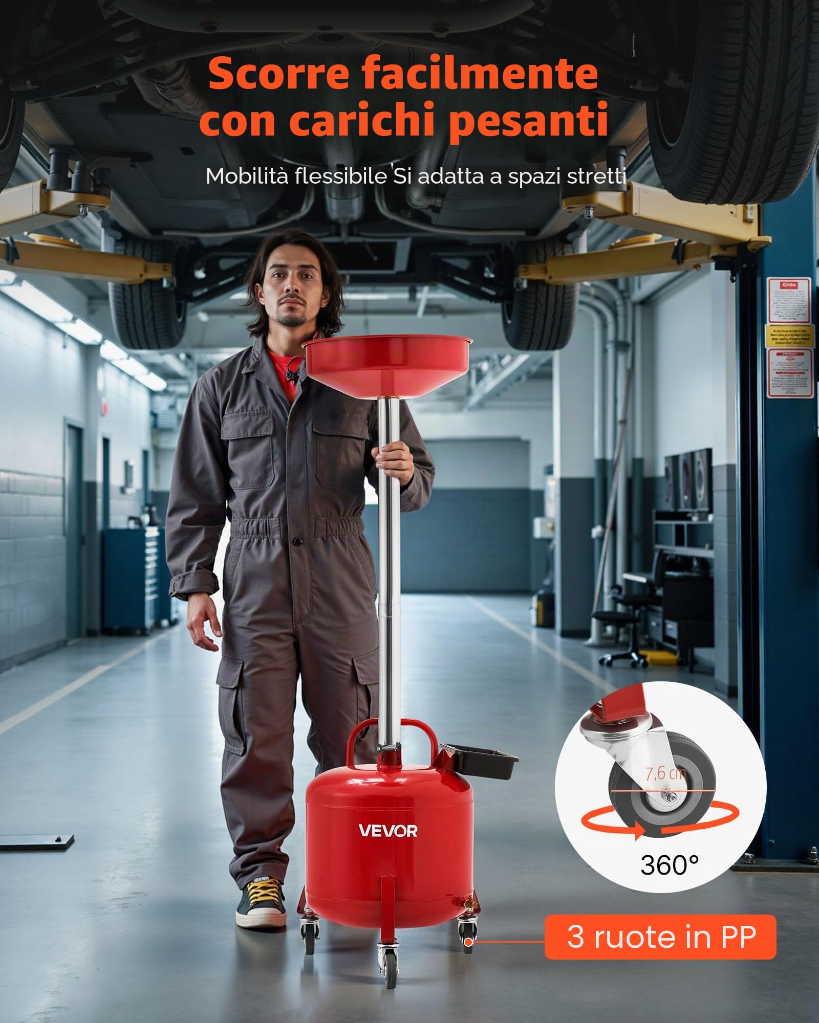 VEVOR Serbatoio di Scarico per Fluidi Industriali, 30 L con Regolabile Imbuto Ruote e Cassetta degli Attrezzi, Drenaggio per Trasferimento di Carburante Fluido, per Officine di Riparazione Auto