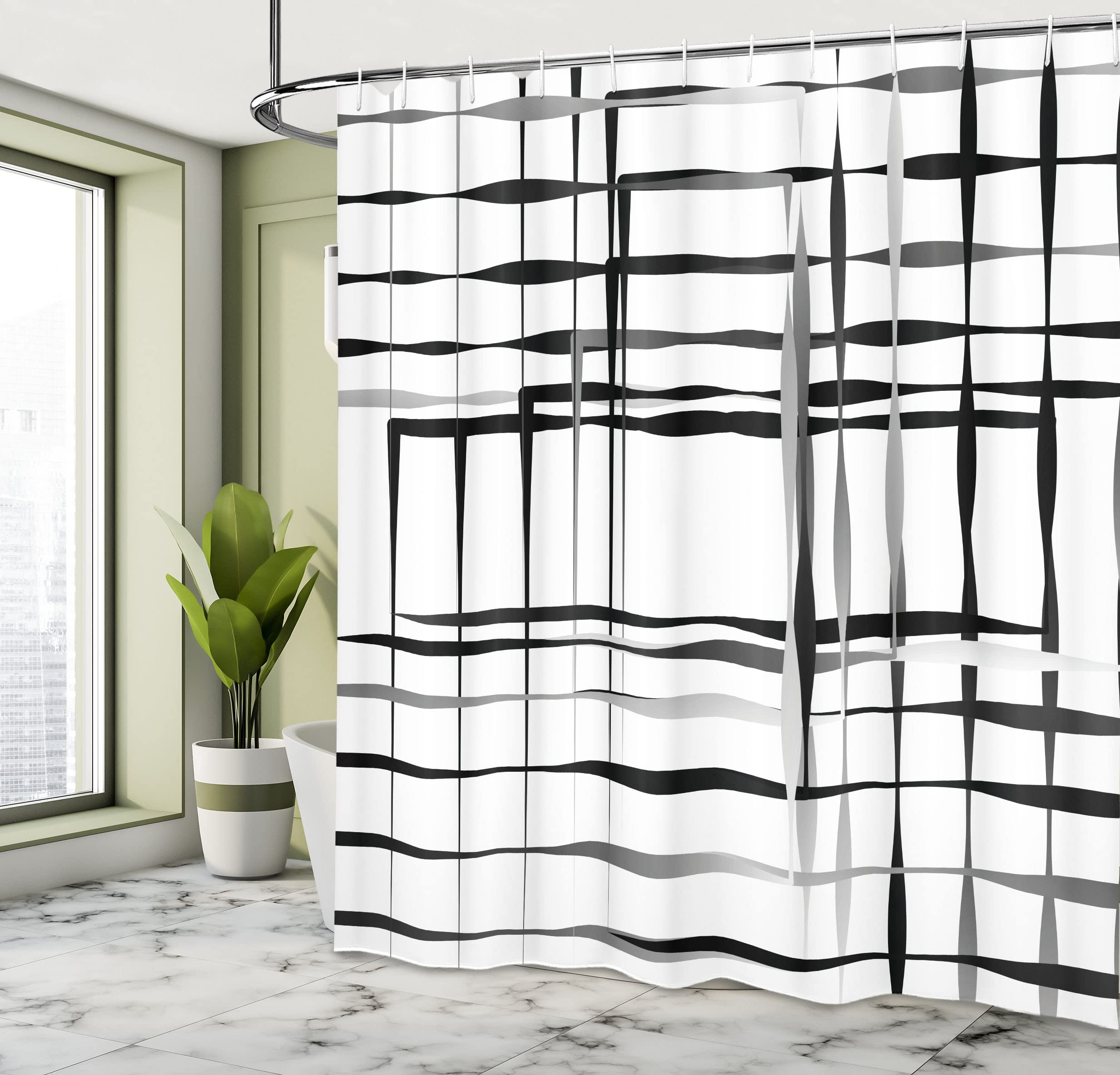 ABAKUHAUS Modern Art Shower Curtain, Minimalist Image Simplistic Spaces and Spare Asymmetric Grids Lines - Image 4
