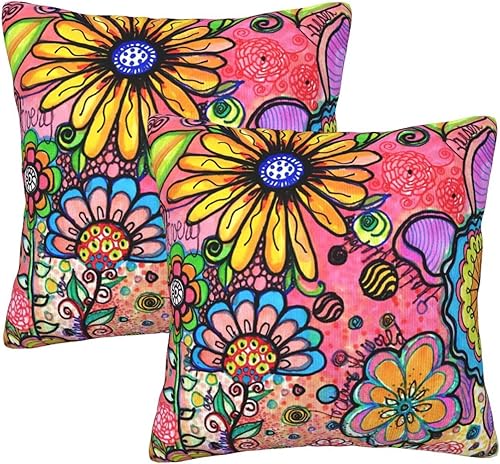 Fiokroo Hippie Art Flower Doodles - Juego de 2 fundas de almohada cuadradas para sofá, dormitorio, sala de estar, automóvil, 18 x 18 pulgadas