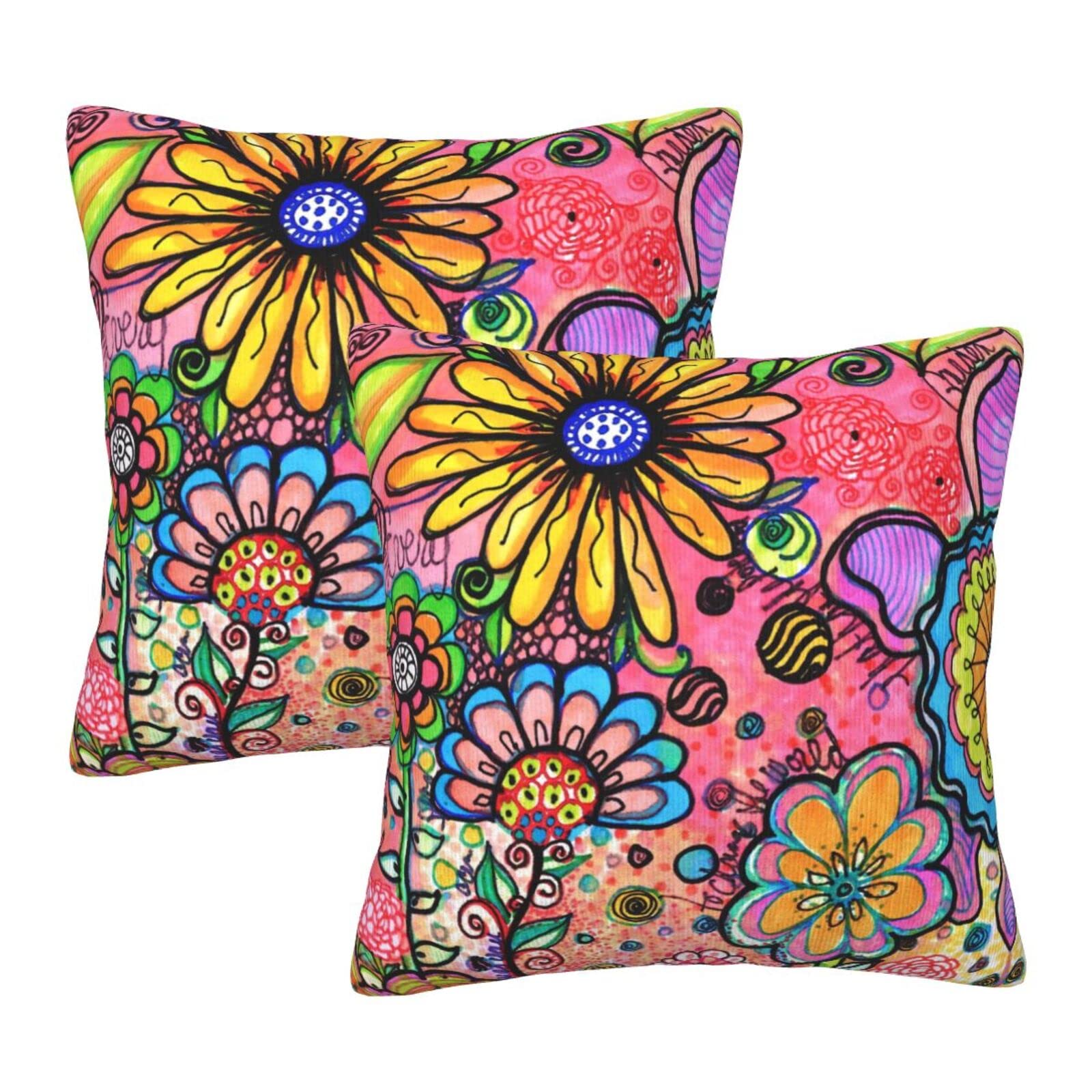 Fiokroo Hippie Art Flower Doodles Throw Pillow Covers Set of 2 Pillow Cushion Cases Square Pillowcases for Sofa Bedroom Living Room Car, 18 X 18 Inch
