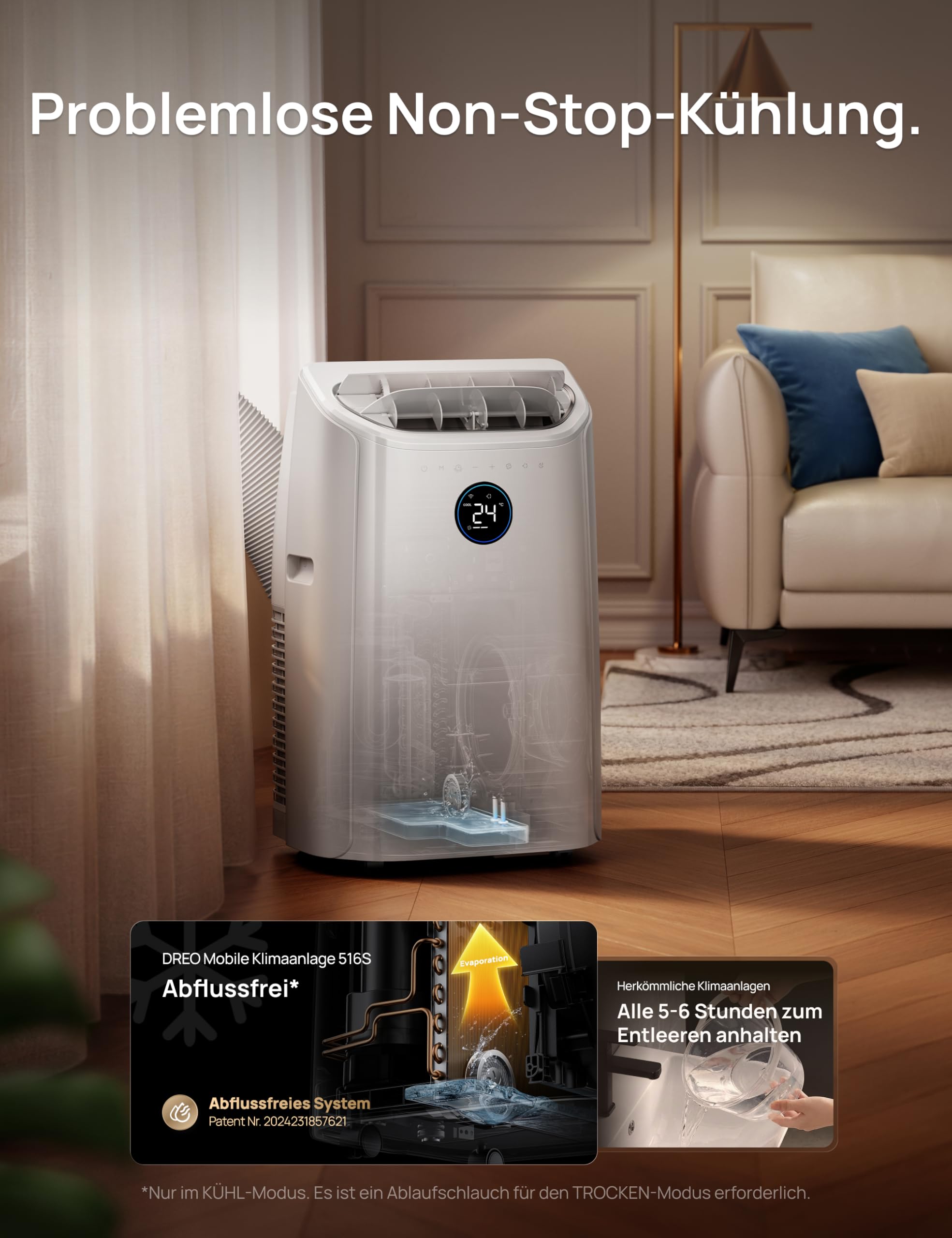DREO AC516S 12000 BTU Mobiles Klimagerät 3-in-1 Kühlen Ventilieren Entfeuchten leise App Steuerung