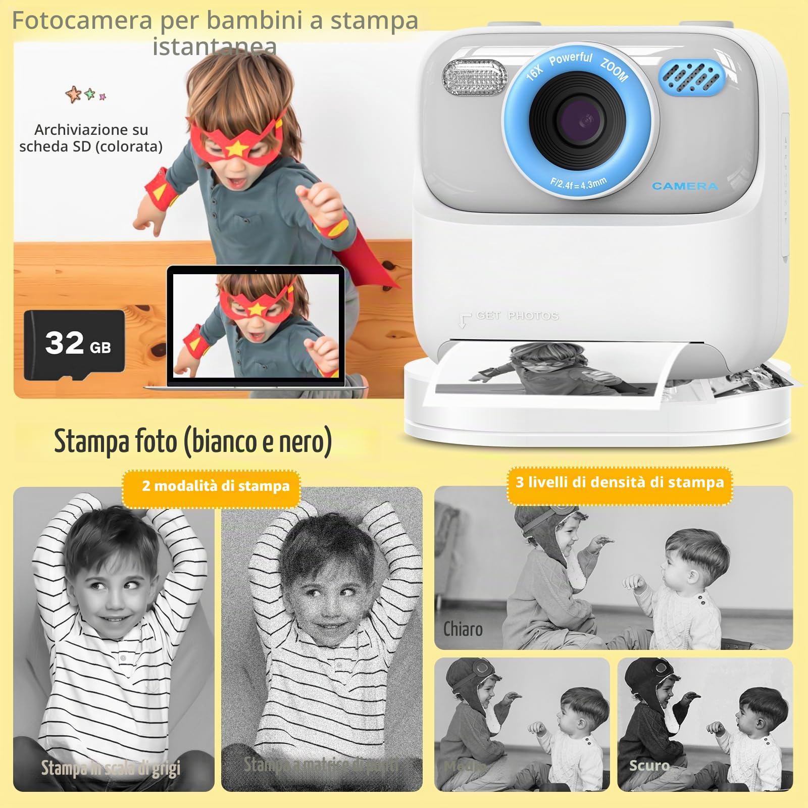 Macchina Fotografica Istantanea Bambini, 20MP/1080P HD Fotocamera Istantanea Bambini Digitale con 32GB Scheda SD e 3 Rotoli di Carta da Stampa, Regalo per Ragazze Ragazzi da 3-14, Bianco