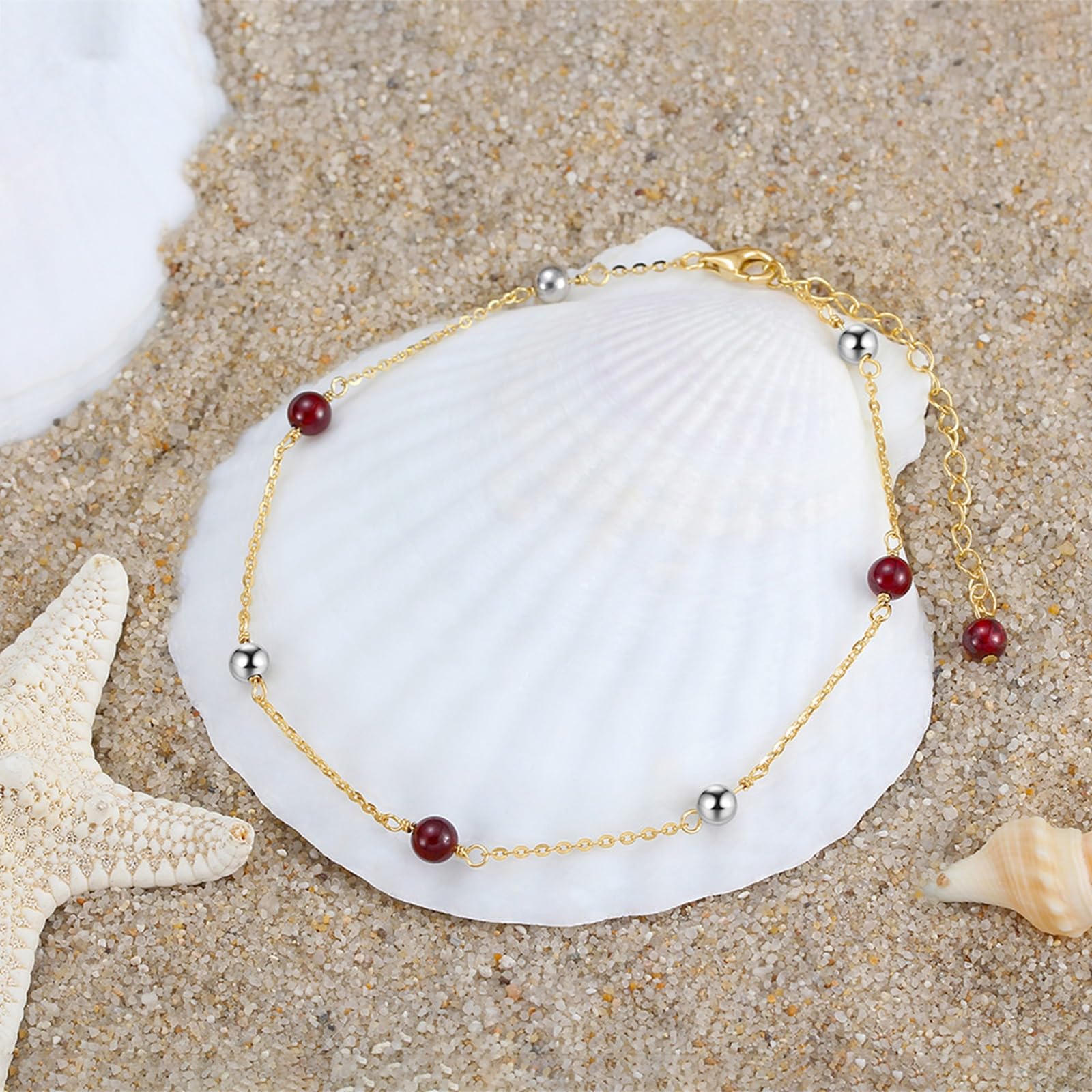 Cavigliera Donna Argento 925, Cavigliera Donna Estiva Catena con Granato e Perla Oro, Regolabile Fino a 27 cm - Bracciali alla Caviglia da Spiaggia Piede Catena Cavigliere per Donne