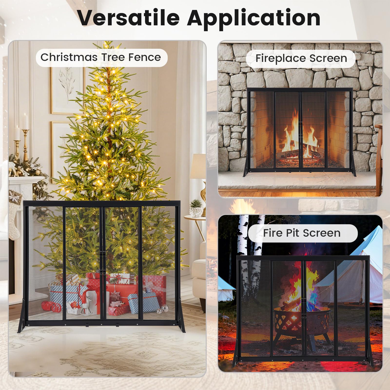 GIANTEX Écran de Cheminée avec Portes Coulissantes en Métal, Pare-feu Protection pour Isolation des Étincelles et Cendres, Pare-étincelles Cheminée avec Support Triangulaire, Noir (89 x 72 cm)