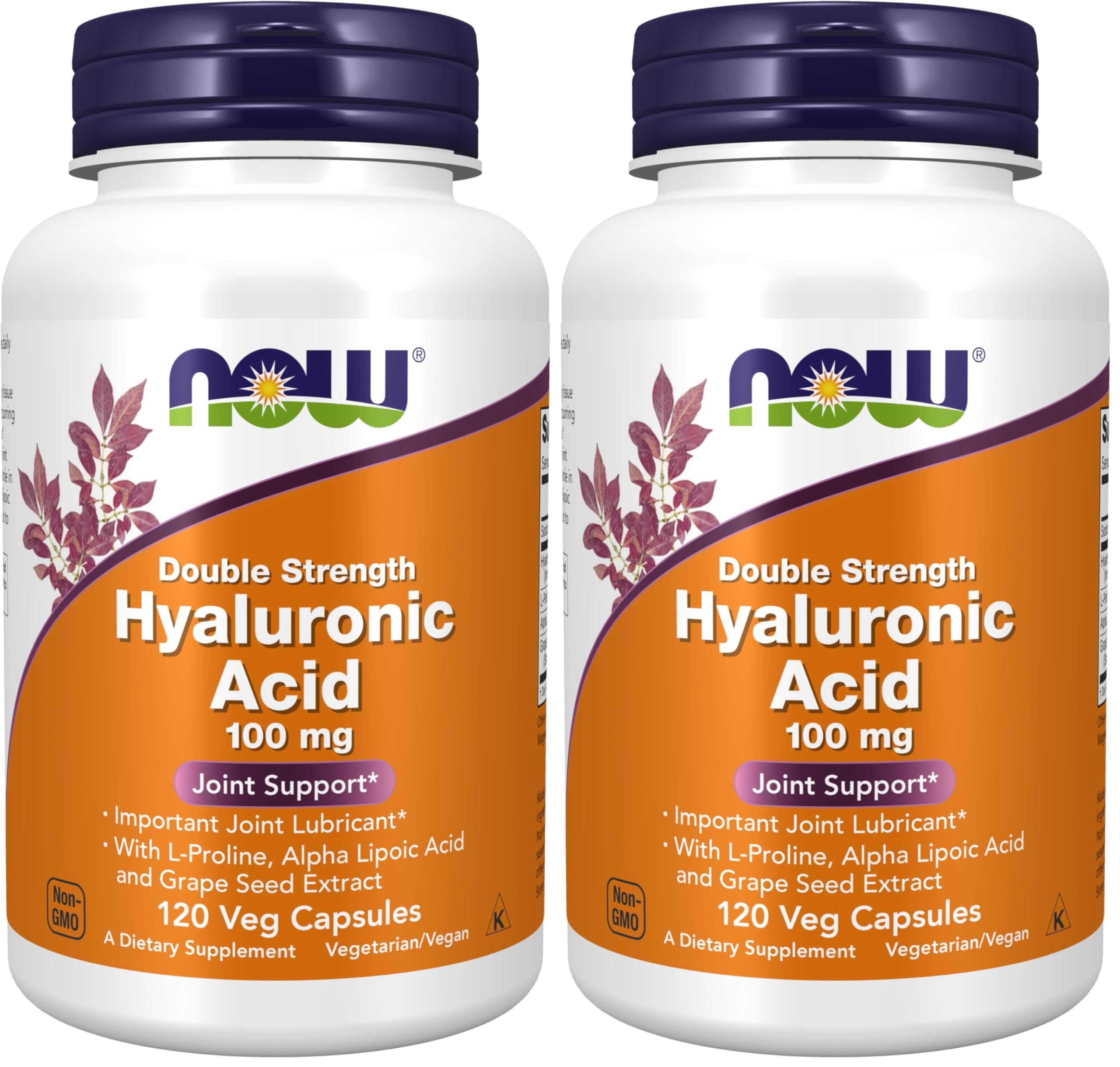 NOW Foods Supplements, Hyaluronic Acid 100 mg, Double Strength with L-Proline, Alpha Lipoic Acid and Grape Seed Extract, 120 Veg Capsules, (Pack of 2) 120 Count (Pack of 2)