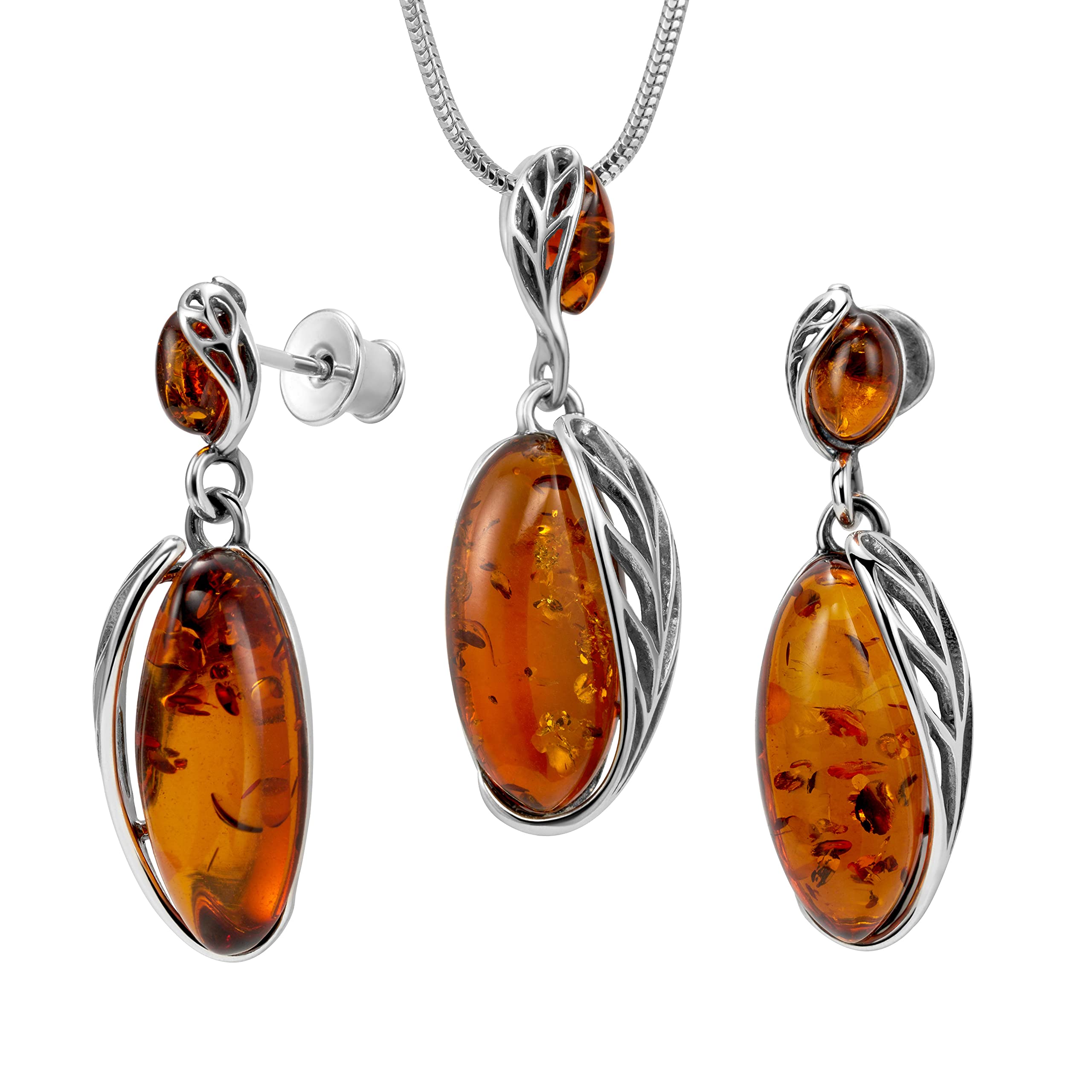 Damen Schmuckset Bernstein Echt Silber Mit Verstellbarer Schlangenkette