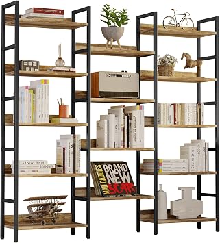 IRONCK Triple Wide 5-Tier Bookshelf with Metal Frame, Industrial Brown