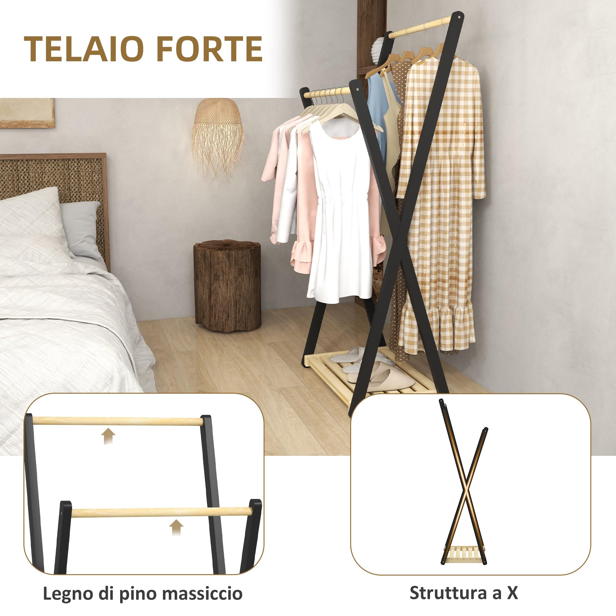HOMCOM Appendiabiti da Terra in Legno di Pino con 2 Barre, Attaccapanni da Terra Autoportante Moderno con Ripiano Inferiore, 61x45x152cm, Legno Naturale