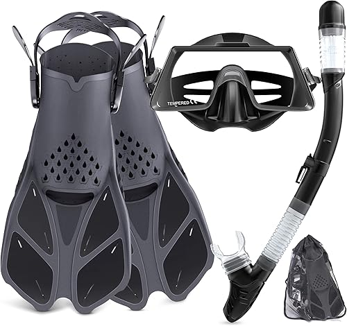 Tongtai Mask Fin Snorkel Set with Adult Kids Snorkeling Gear Panoramic View Diving MaskTrek FinDry Top Snorkel Travel Bags Professional Snorkel for