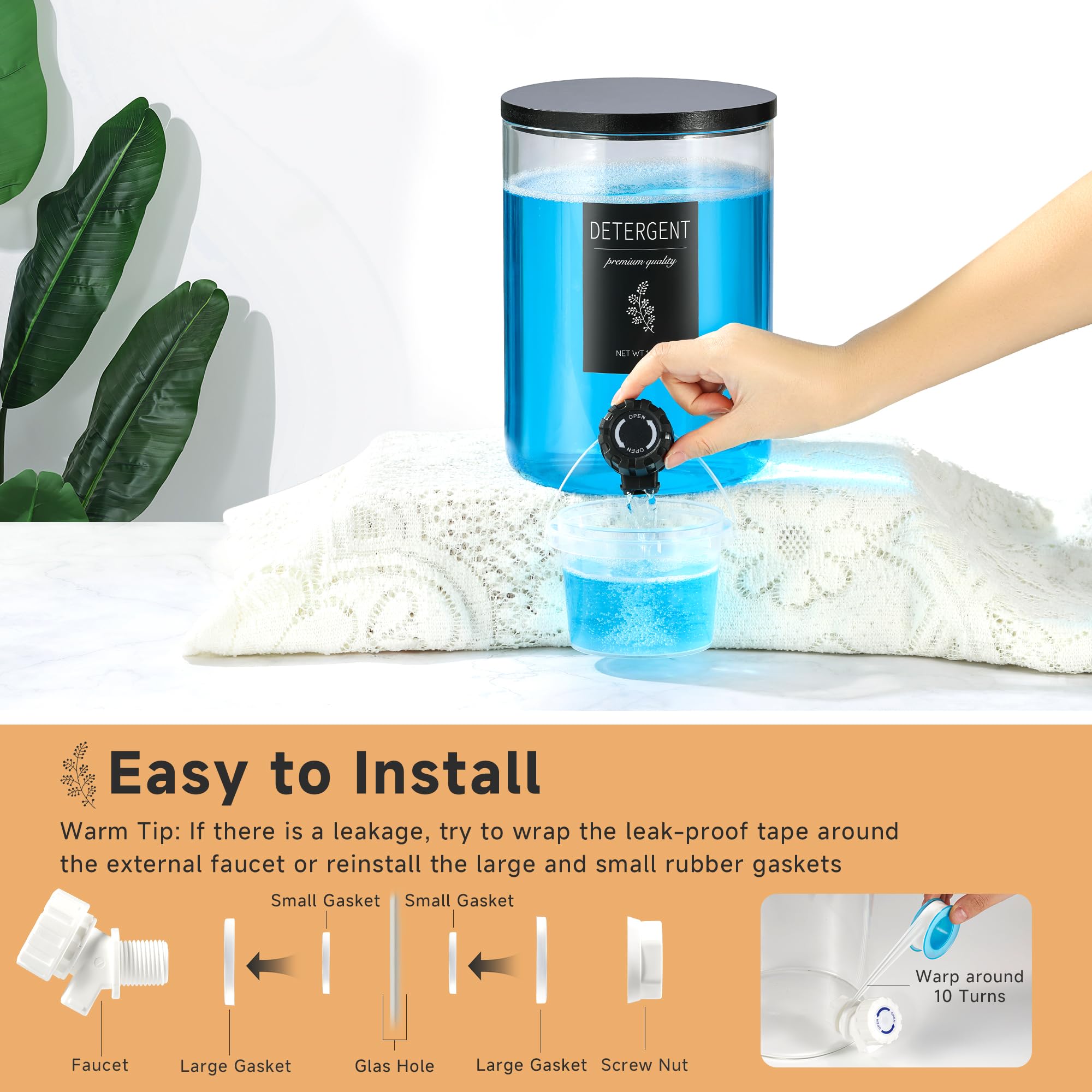 1 dispenser di detersivo per bucato in vetro con coperchio in bambù nero – 3,40 g di detersivo liquido, sapone per bucato e ammorbidente dispenser per l'organizzazione e la conservazione della