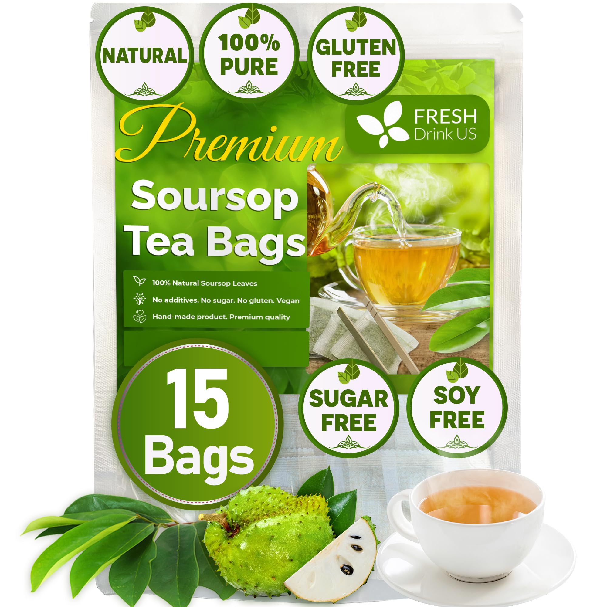 FRESHDRINKUSPremium 15 Soursop Graviola Leaf Tea Bags, 100% Natural & Pure from Soursop Leaves, Hoja Guanabana Herbal Tea. Made with Natural Material Tea Bags. No Sugar, No Caffeine, Vegan.