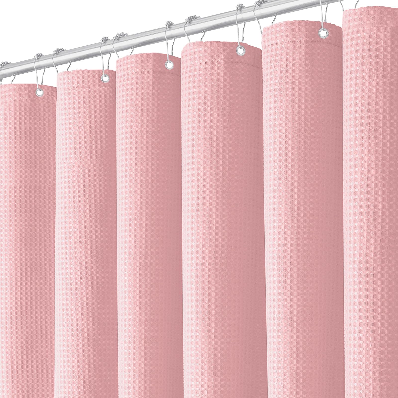 BTTN Pink Waffle Shower Curtain, Weighted Mould Proof Resistant Fabric Wet room Shower Curtains, Heavy Duty Waterproof Washable Thick Cloth Shower Curtain Set with 12 Plastic Hooks(182 x 182cm Drop)