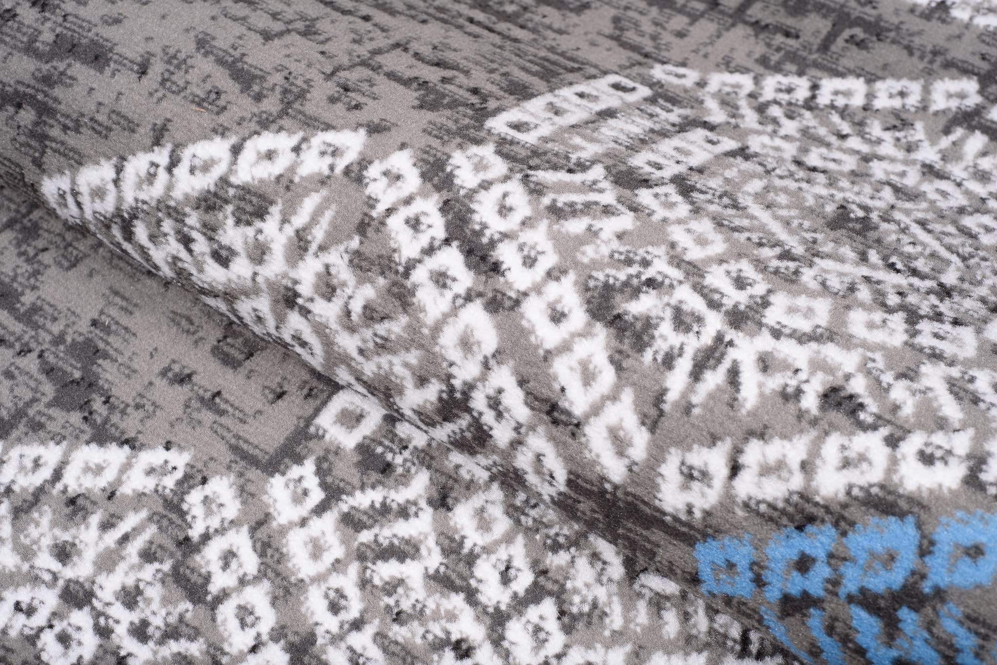TAPISO Atena Tapis de Salon Chambre Ado Design Moderne Gris Bleu Blanc Noir Motif Grec Bordé Fin Poil Court 140 x 200 cm