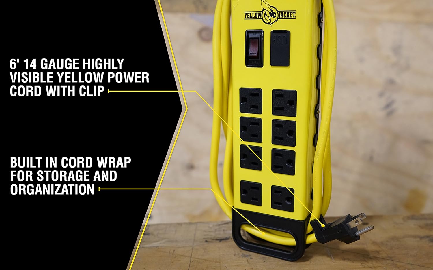 Southwire Yellow Jacket Power Block - 8 Outlet Heavy Duty Metal Power Strip - Dual USB Ports for Fast Charging - Rugged Workshop Design - 6 Ft Yellow Cord - Durable 14-Gauge Construction
