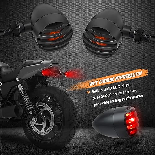 Miniatura 3 de NTHREEAUTO Parpadeadores para motocicleta, luces LED de aluminio impermeables con bala, luz indicadora trasera roja compatible con motocicletas
