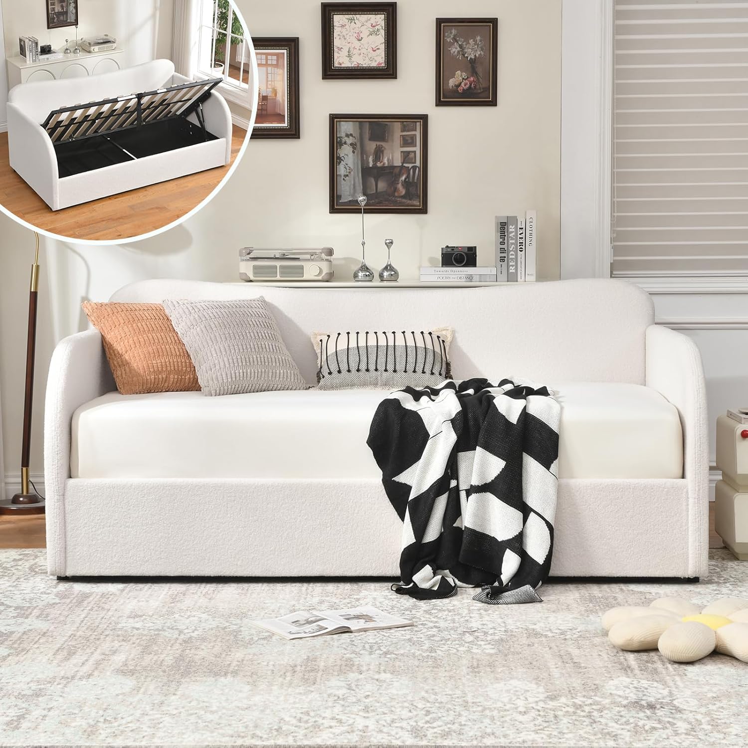 VELOCAVA Twin Size Upholstered Daybed with Lift-Up Storage, Modern Boucle White Bed with Gas Lift Mechanism, Curved Back and Arms, No Box Spring Needed, Perfect for Bedroom or Guest Room