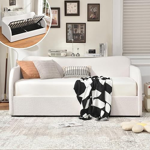 VELOCAVA Twin Size Upholstered Daybed with Lift-Up Storage, Modern Boucle White Bed with Gas Lift Mechanism, Curved Back and Arms, No Box Spring Needed, Perfect for Bedroom or Guest Room