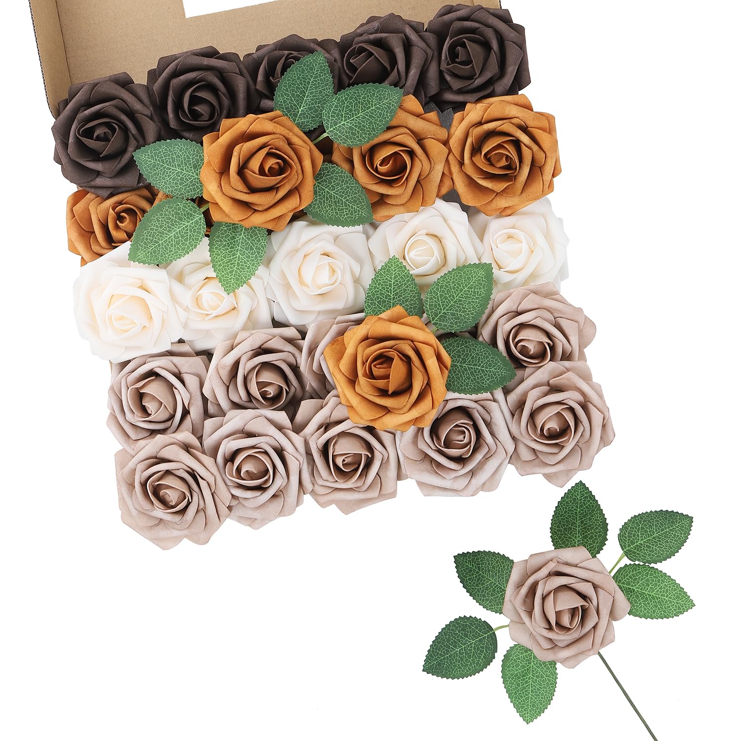 LEUCHTAMOR 25Pcs Artificial Roses Flowers Ivory White Brown Foam Roses Real Touch Fake Rose Heads for DIY Flower Garland Baby Shower Wedding Bridal Bouquets Table Floral Party Home Decoration — image 1