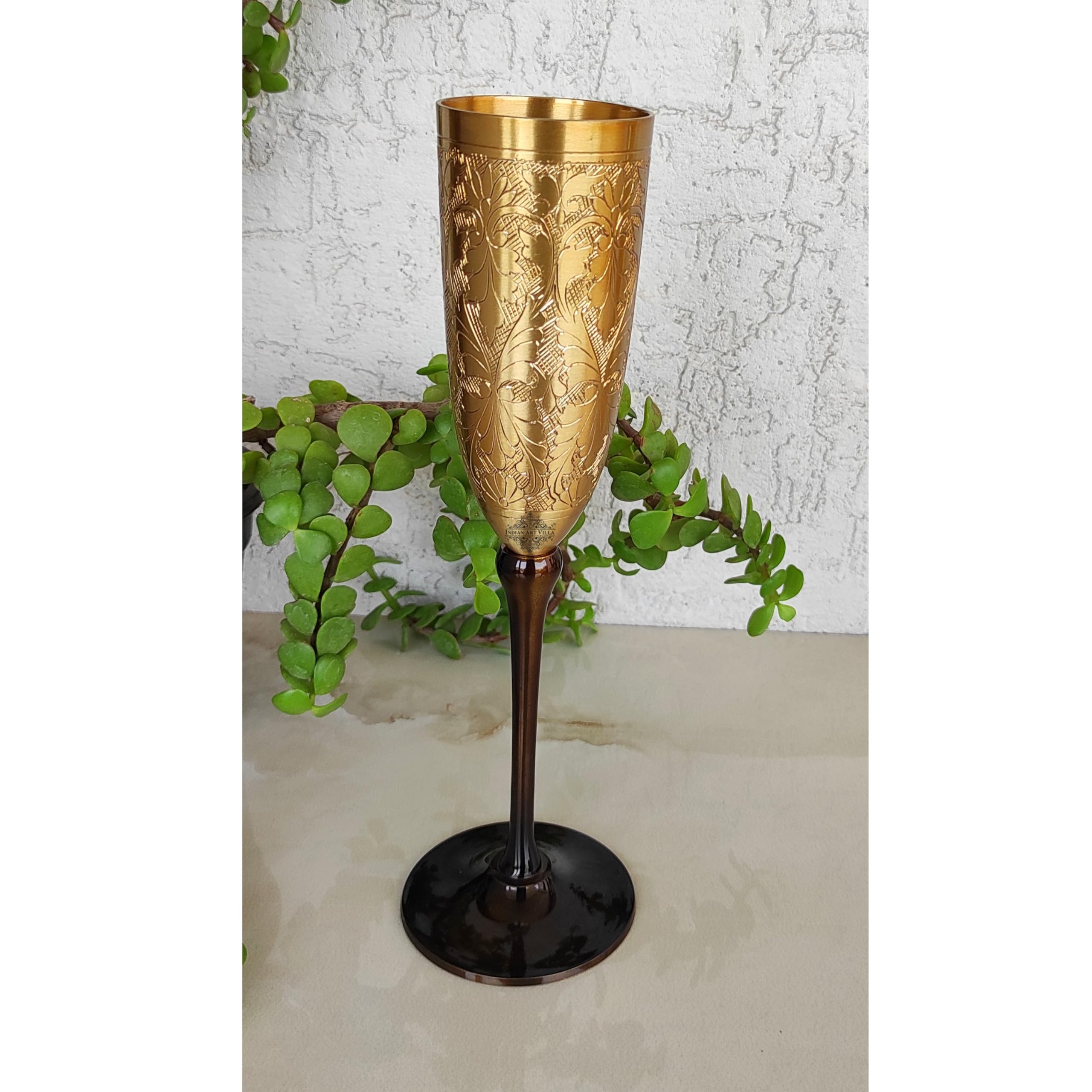 INDIAN ART VILLA Brass Matt Finish Embossed Design Flute Champagne Glass, Bareware, Bar Accessories & Tools for Bars, Catering Venues, Home, Office, Party, Hotels, Volume- 200 ML, Set of 2 1