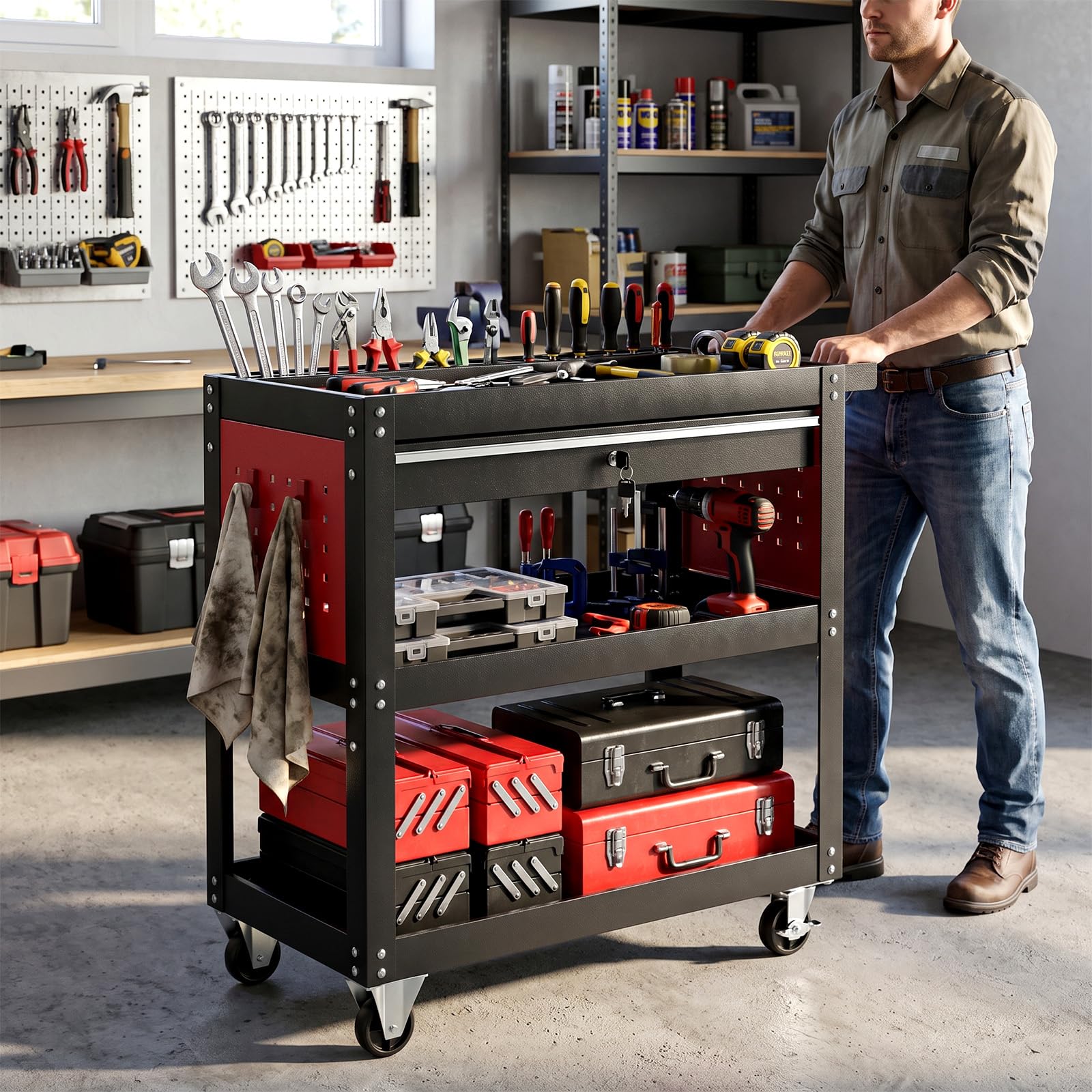 Werkstattwagen 3 Etagen mit Schublade, Werkzeugwagen 70 x 35 x 76 cm, Werkstatt-Rollwagen 200 kg Tragkraft,3 Zoll Rollen für Werkstatt, Garage & Hobby
