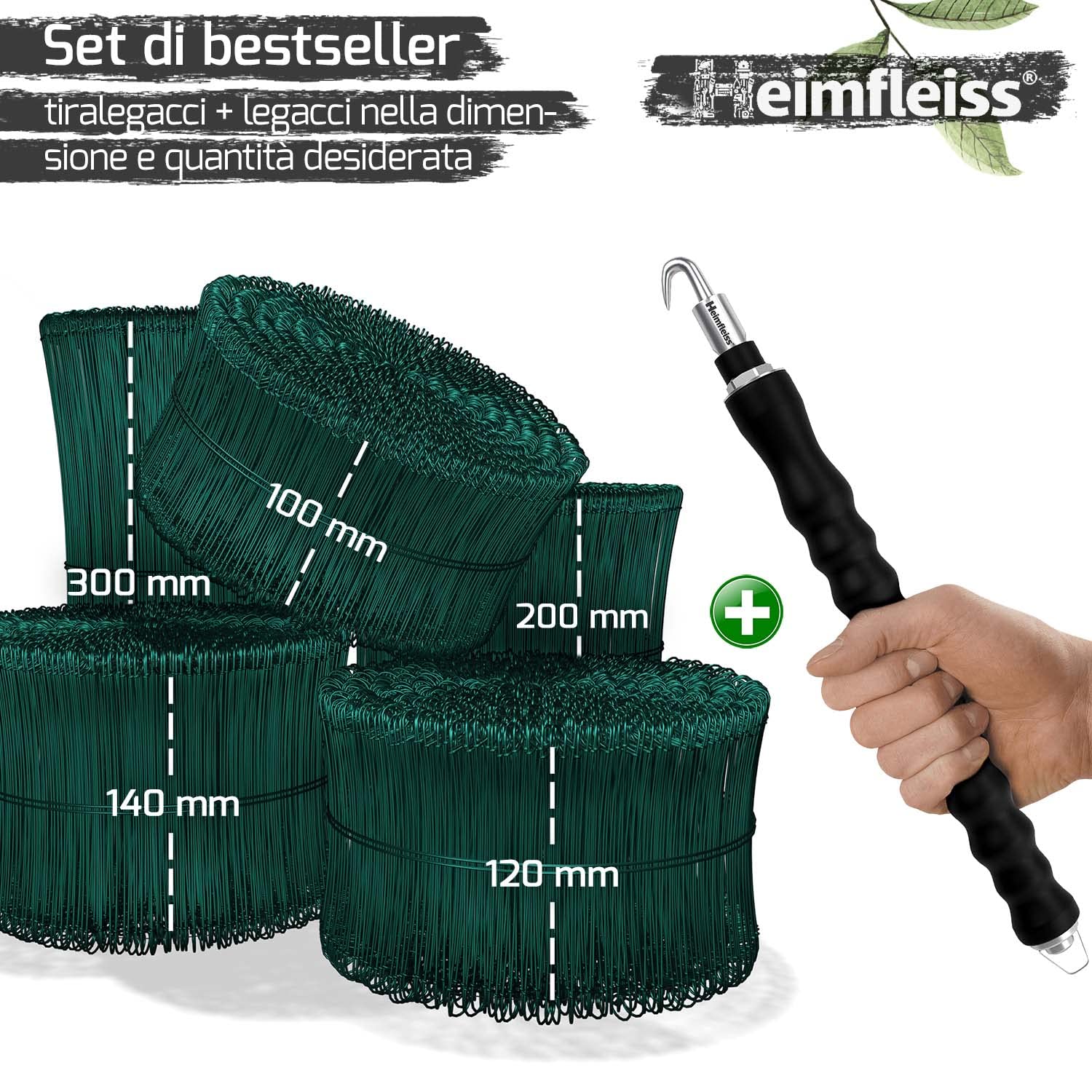 Heimfleiss® Tiralegacci + Legacci rivestiti in PVC 1,4 x 100-300mm (1000 pz.) - Set di legacci di alta qualità & tiralegacci per chiusura sacchi - Tendi legacci Legacci occhiellati