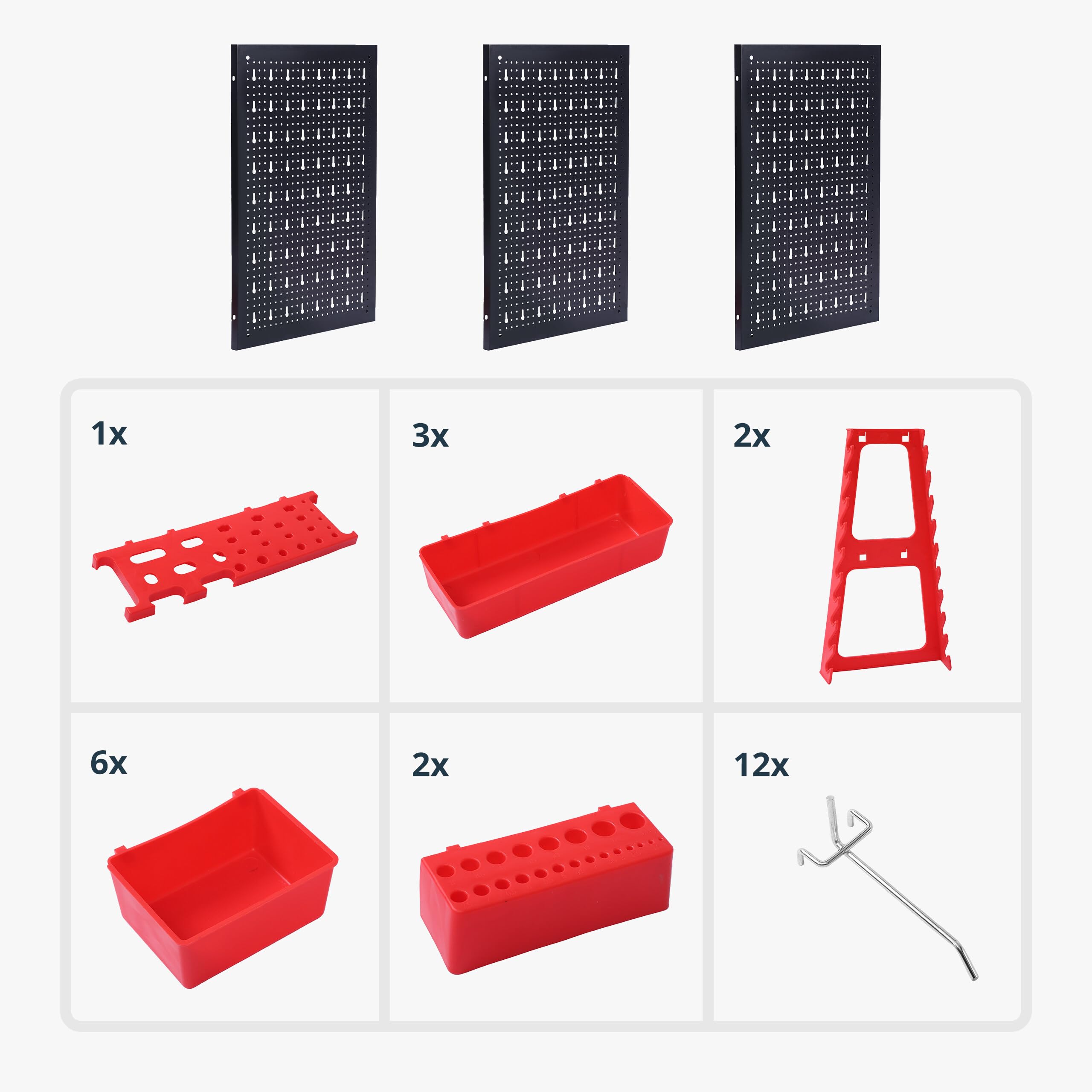 Relaxdays Panel para Herramientas, 3 Paneles Perforados, 26 Accesorios, Al x An: 60 x 40 cm, Metal, Taller, Negro/Rojo