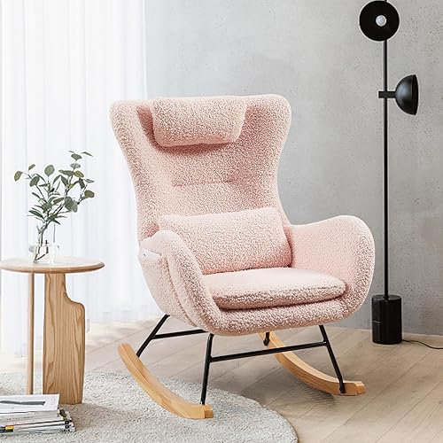 Miniatura 7 de SoarFlash Mecedora de terciopelo de peluche, mecedora tapizada con asiento acolchado y respaldo alto, cómoda mecedora para guardería, sala de estar,