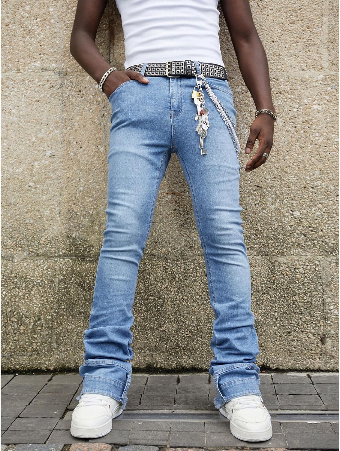 Men's Stretch Slim Fit Stacked Jeans Raw Hem Flare Bootcut Denim Pants Straight Leg Skinny Jeans Hip Hop Streetwear - Image 4