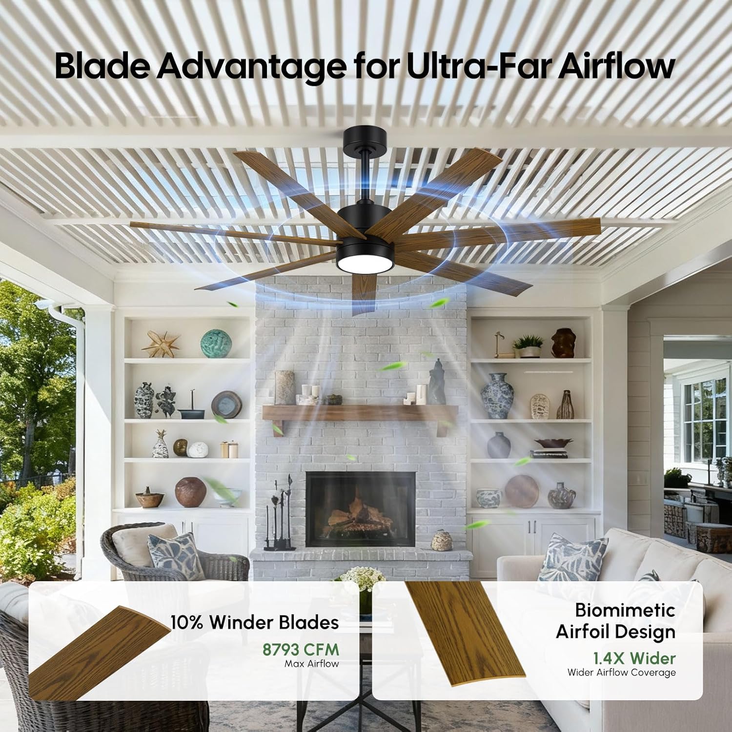 56 Inch Wet-Rated Outdoor Ceiling Fan with light, All-Weather High CFM 7-Blade Waterproof Fan, Smart Alexa/App/Remote Control, Quiet DC Motor & UV Coating for patios, Gazebo, Pergola, Shop, Exterior