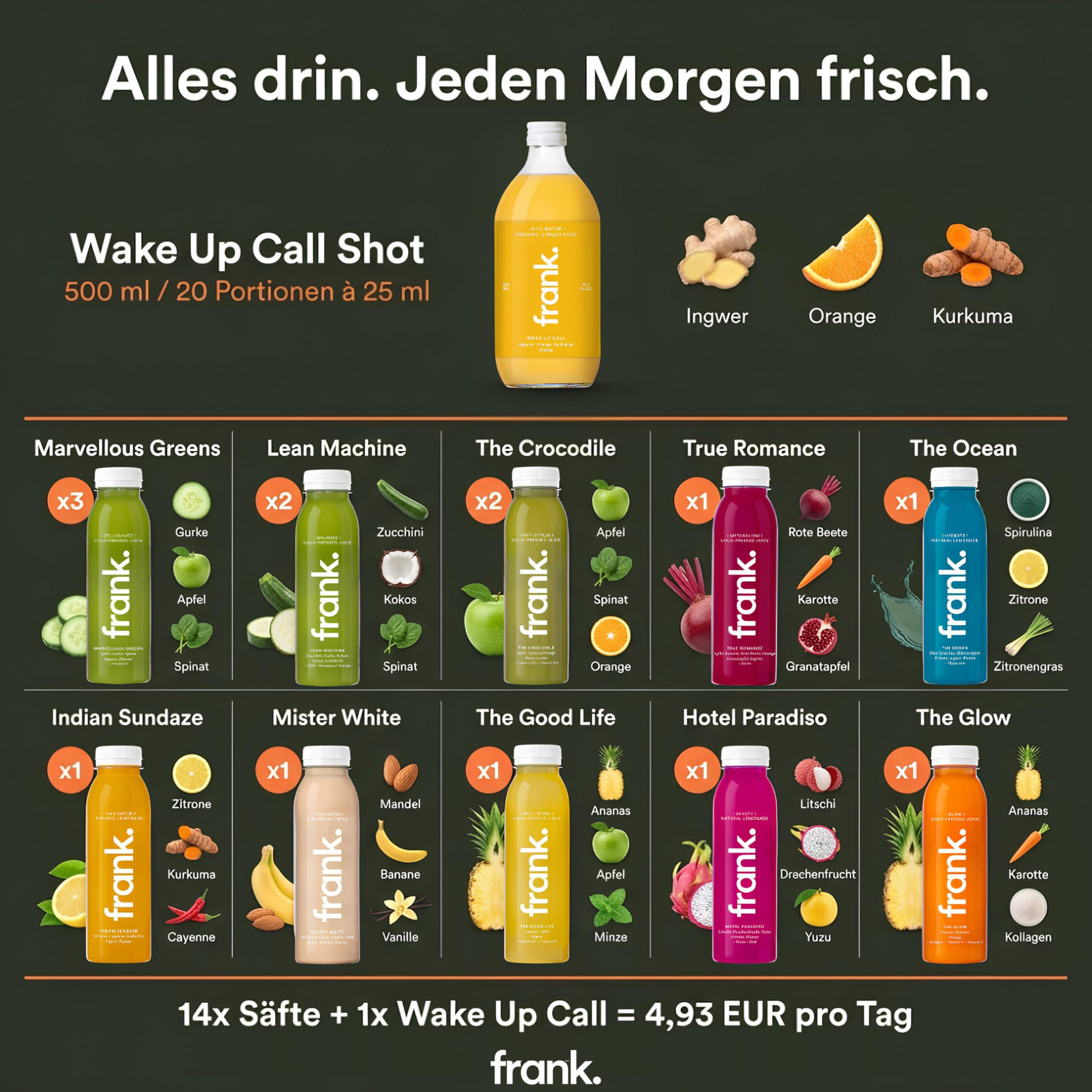 frank. No Breakfast Club 14 Tage Halbtages Saftkur 14 x 330 ml kaltgepresste Säfte 1 x 500 ml Ingwer Shot HPP Direktsaft vegan