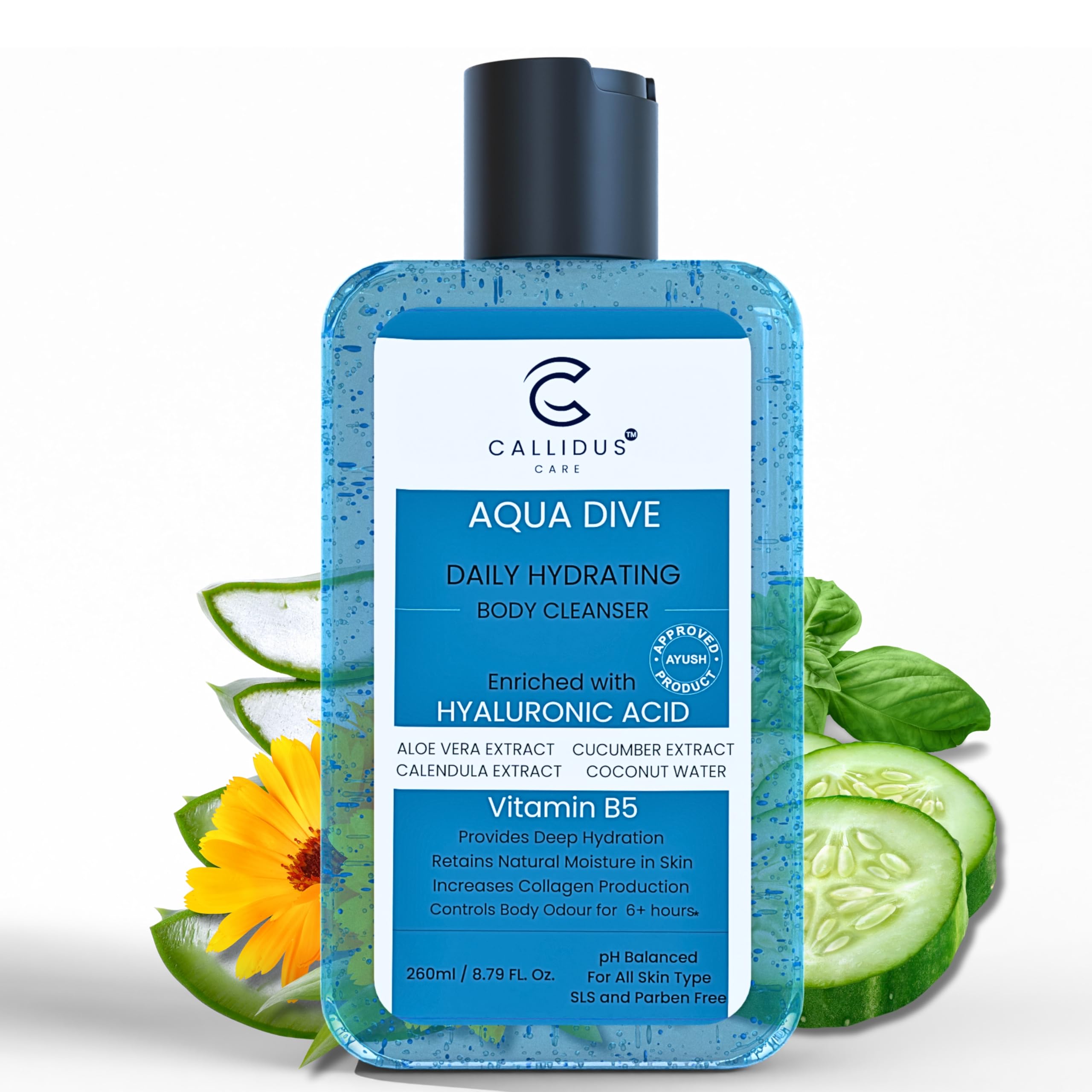 Callidus Care Aqua Dive Daily Hydrating Body Cleanser 260ml | Body Wash with Hyaluronic Acid, Aloe Vera, Cucumber, Calendula, Coconut Water & Vitamin B5 | Deep Hydration for Dry, Sensitive Skin | Sulfate-Free, Paraben-Free, pH Balanced-image-29