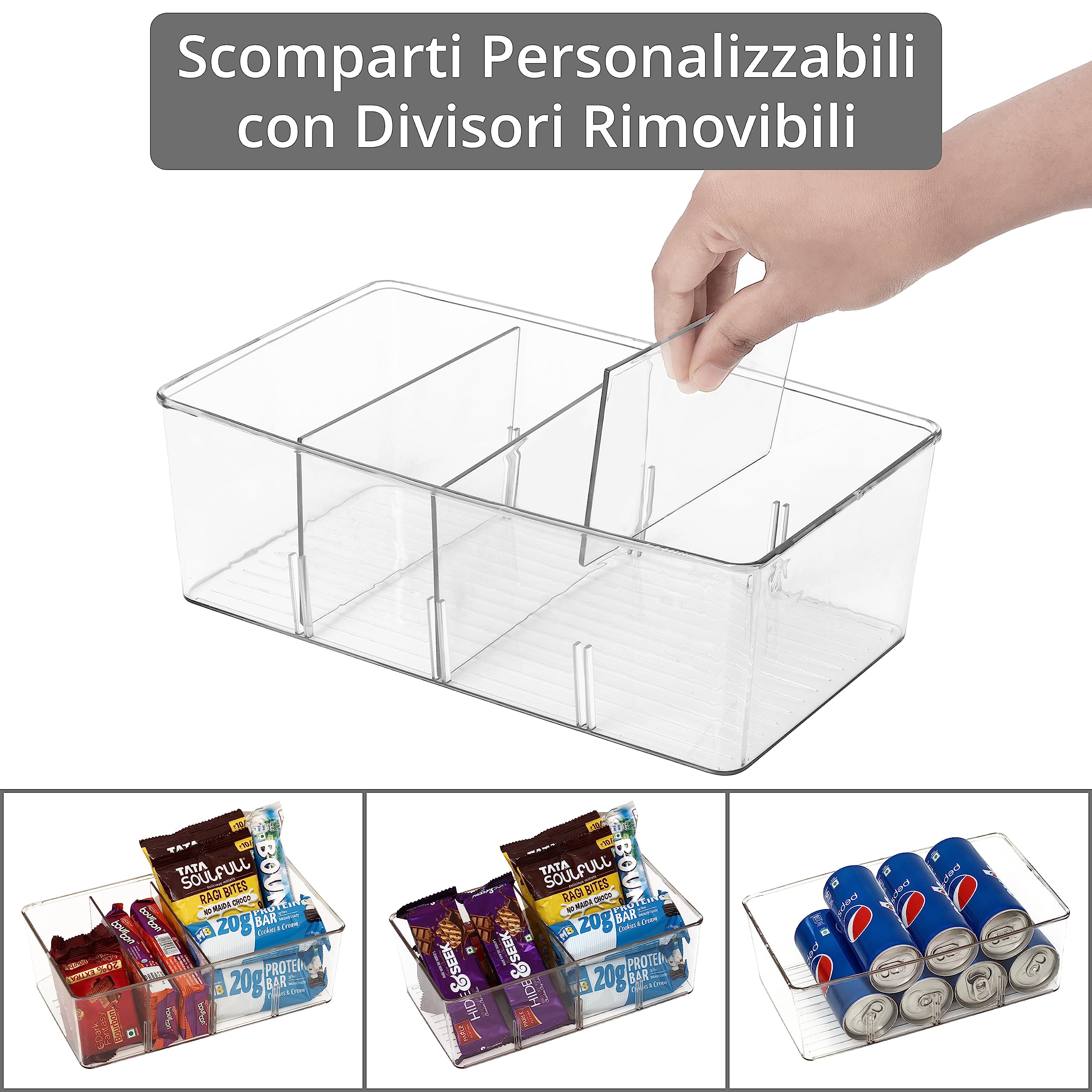 Winter Shore Contenitori Multiuso Plastica per Alimenti [5 pz] - Organizer Frigorifero per Snack, Condimenti, Bevande - Organizer Cucina DIspensa con 4 Scomparti e Divisori Rimovibili
