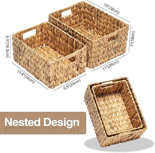 Miniatura 6 de FairyHaus Cestas de mimbre para almacenamiento, paquete de 4, cesta de almacenamiento de mimbre de jacinto de agua natural para organizar