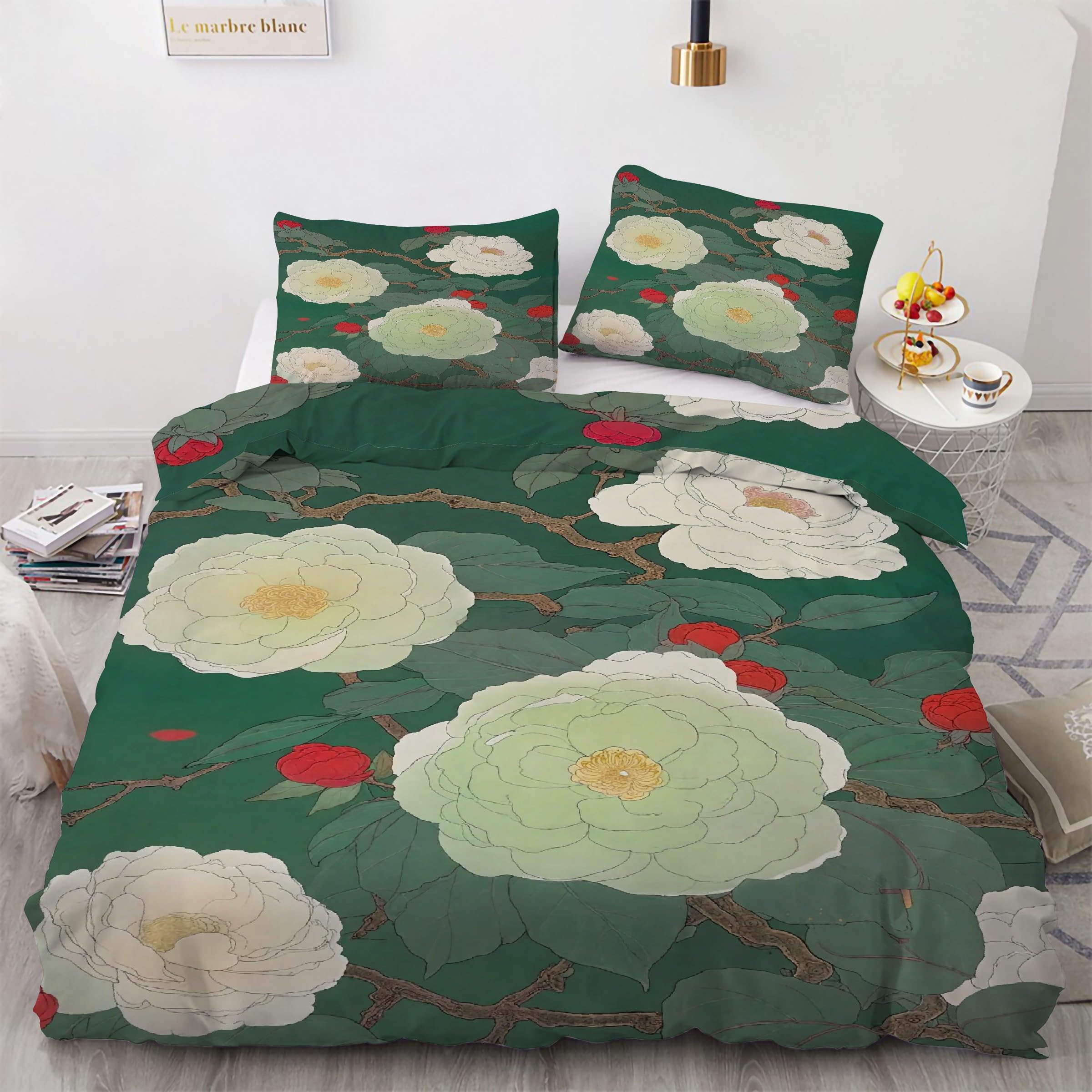 Housse de couette 200x200 vert imprimé fleurs ensemble literie 3 pièces