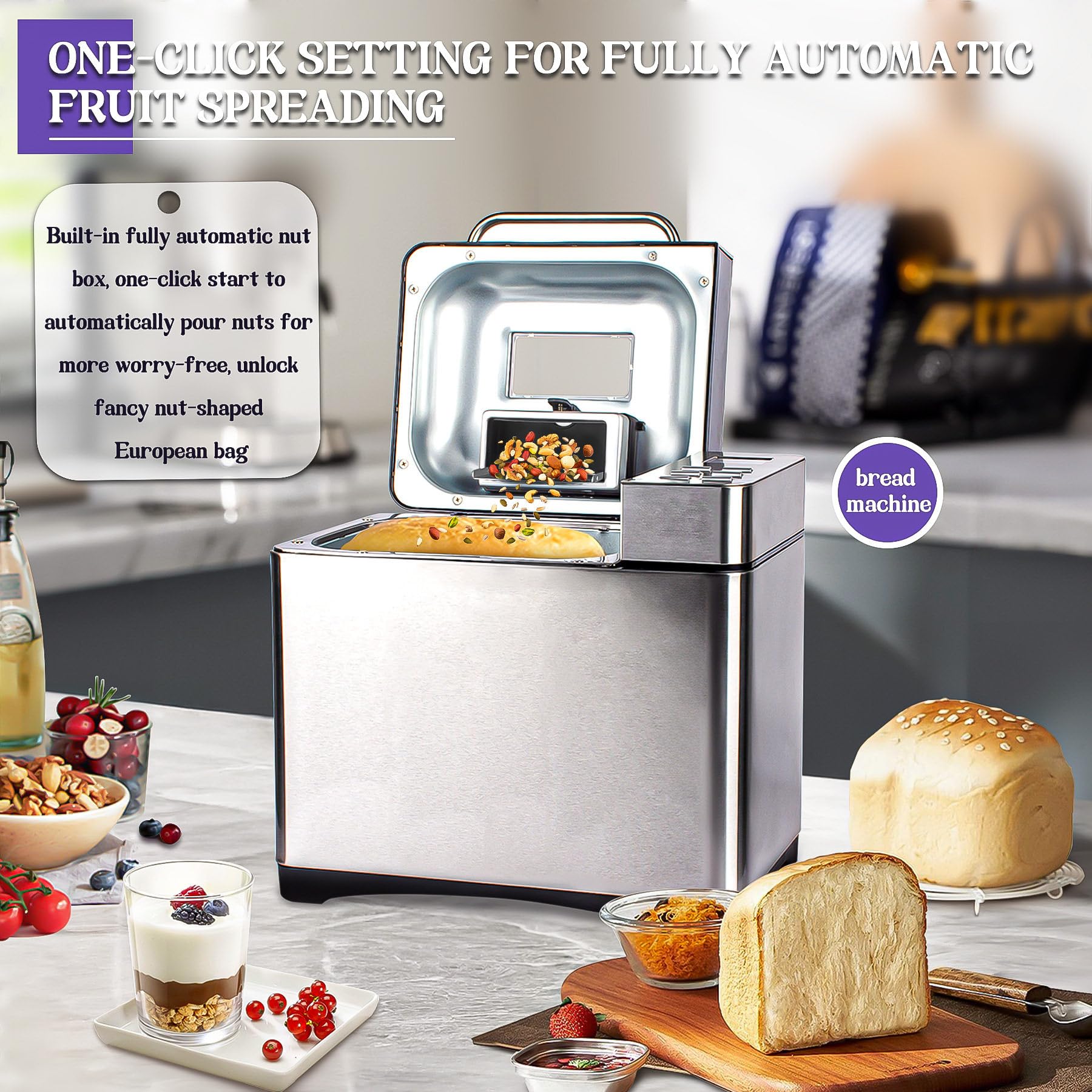 Máquina de Pan de Acero Inoxidable, panificadora 17 en 1 de 2 Libras con dispensador de Frutos Secos, sartén de cerámica Antiadherente y Panel táctil Digital, 3 tamaños de Pan