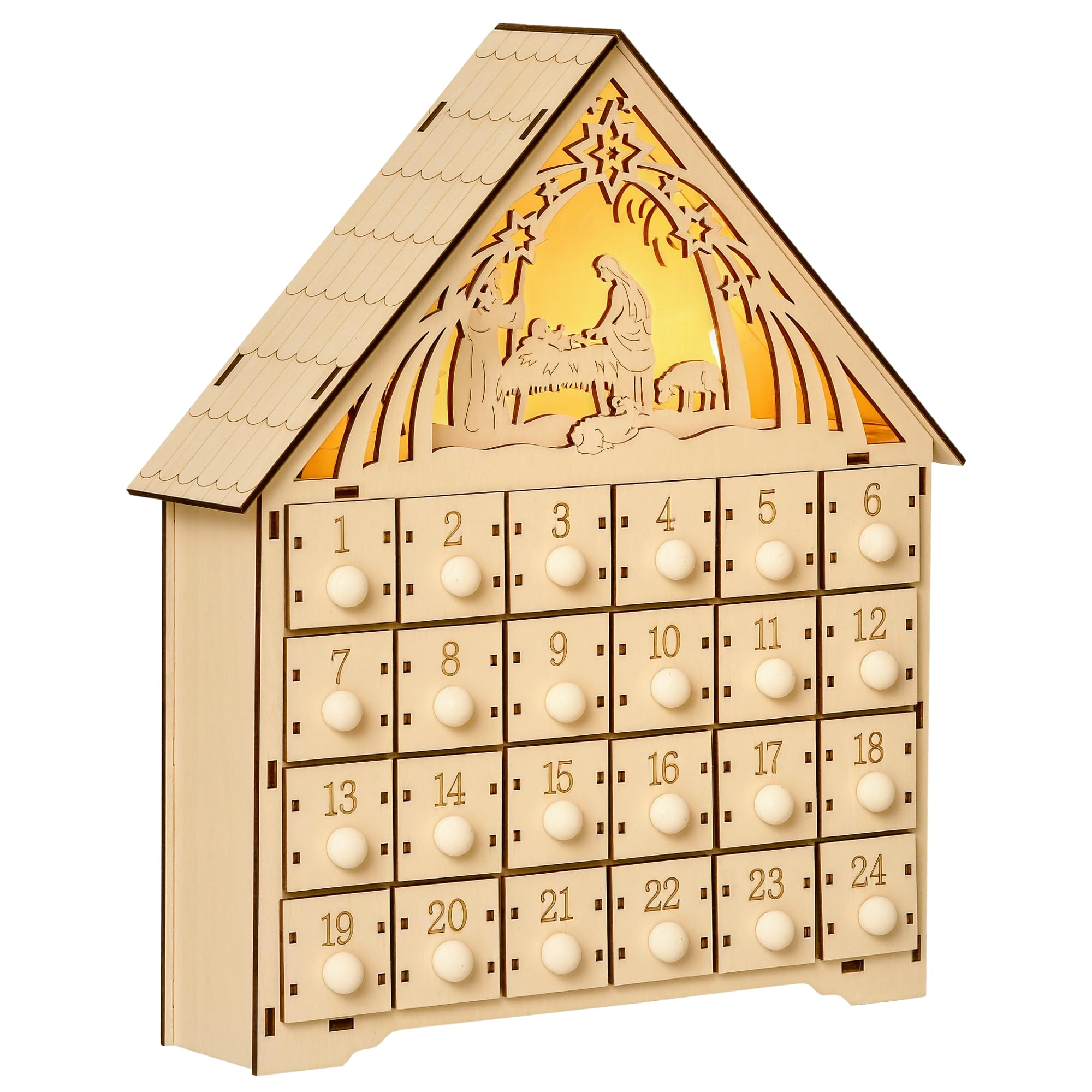 HOMCOM Calendario de Adviento Madera con Luces 24 Cajas Navidad 26,6x6x30 cm Natural