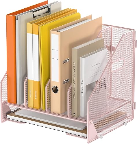 Miniatura 10 de Organizador de carpetas de archivos de escritorio, 5 compartimentos verticales con estantes y bandeja de papel para cartas, clasificador de archivos