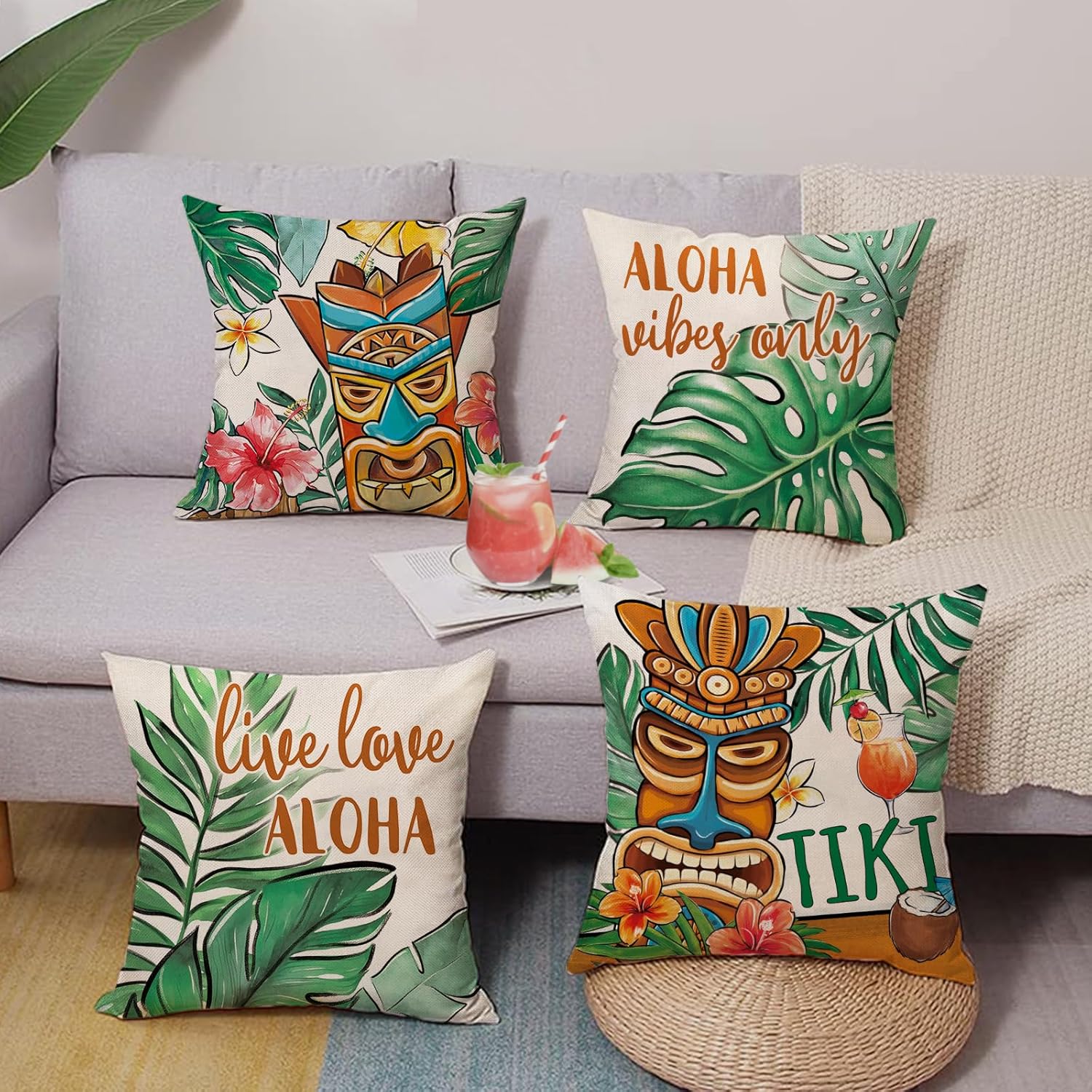 Summer Tiki Palm Leaves Decorative Throw Pillow Covers 18 x 18 Set of 4, Aloha Vibes Only Tropical Hawaii Monstera Porch Outdoor Home Decor, Live Love Aloha Hibiscus Flower Couch Cushion Case