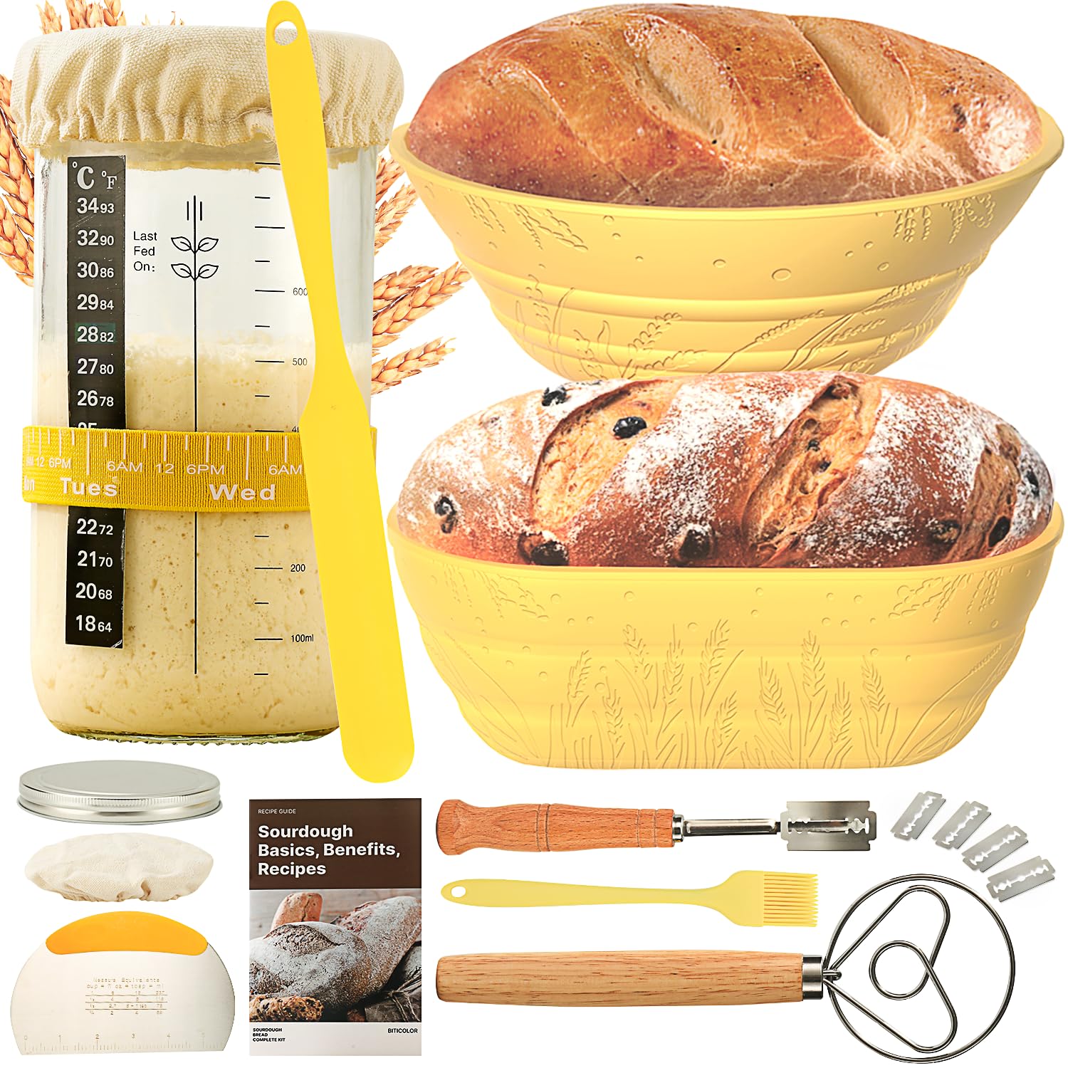 BICRETSourdough Bread Baking Supplies 34 OZ Sourdough starter kit with 2 Bread Proofing Basket