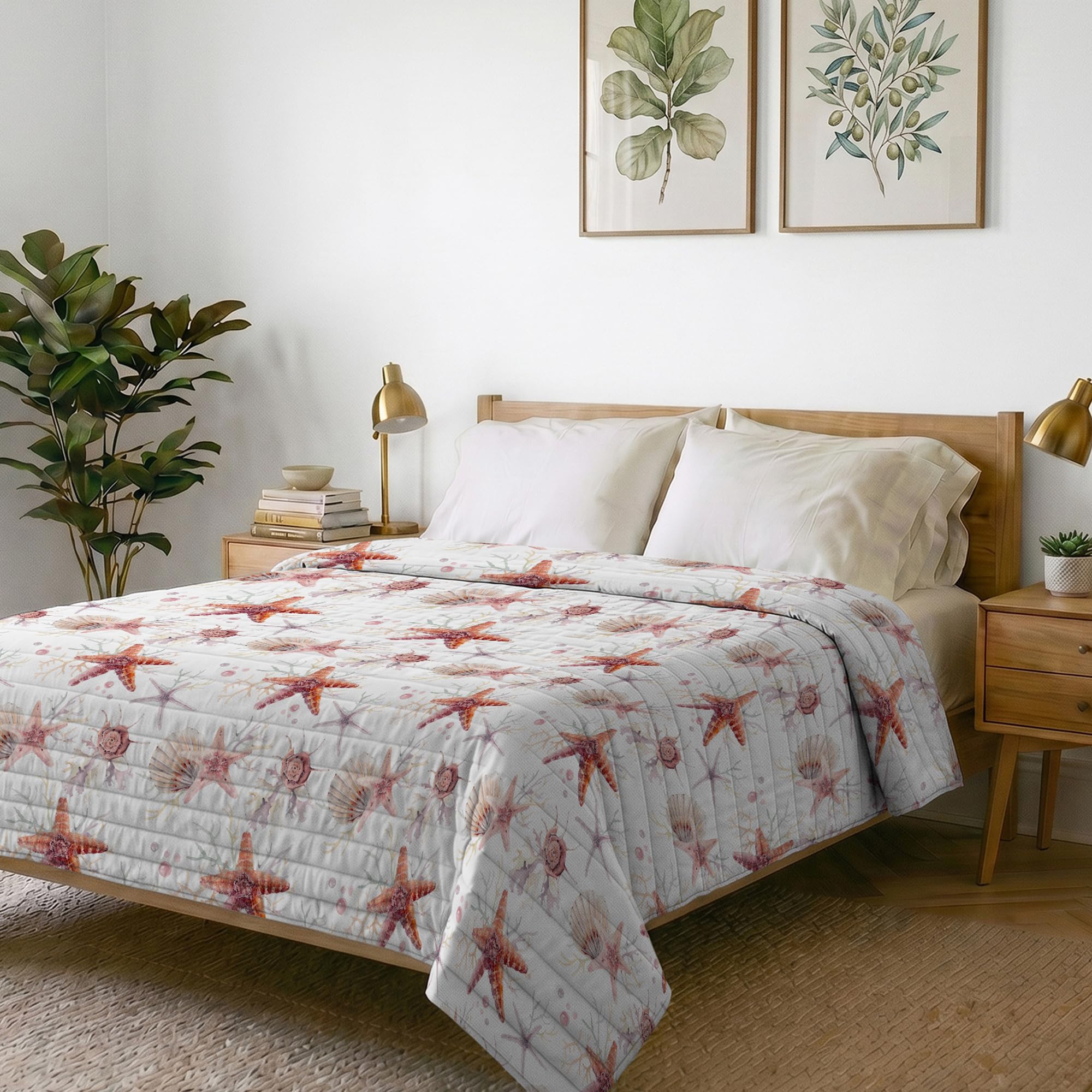 Italian Bed Linen Fantasy Printed Summer Quilt, Polyester Filling, Starfish, 260 x 270 cm