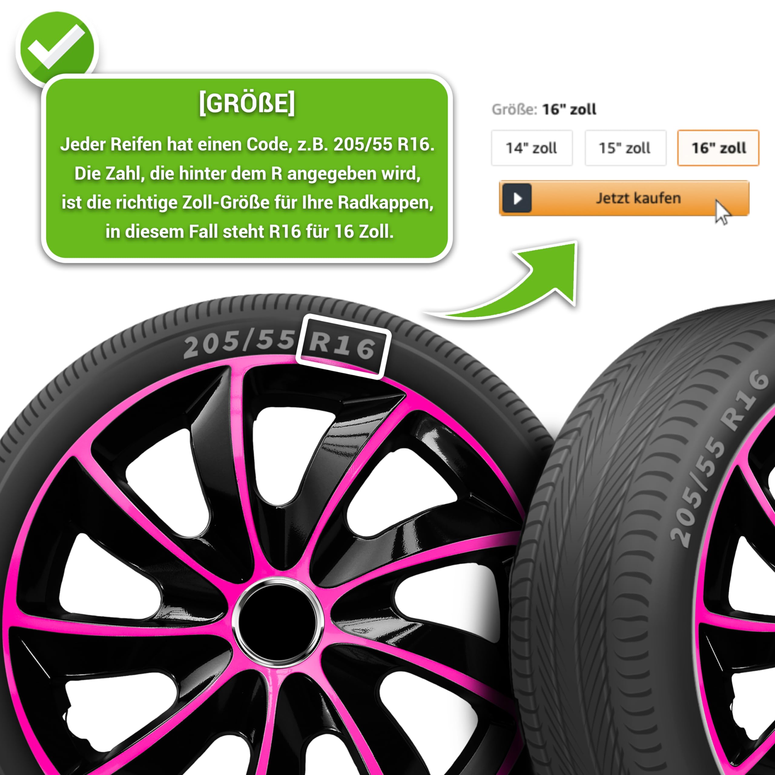 Radkappen 13 Zoll Radzierblenden 4er Set passend für alle Stahlfelgen - Einstellbarer Sicherungsring - Schwarz Rosa Pink