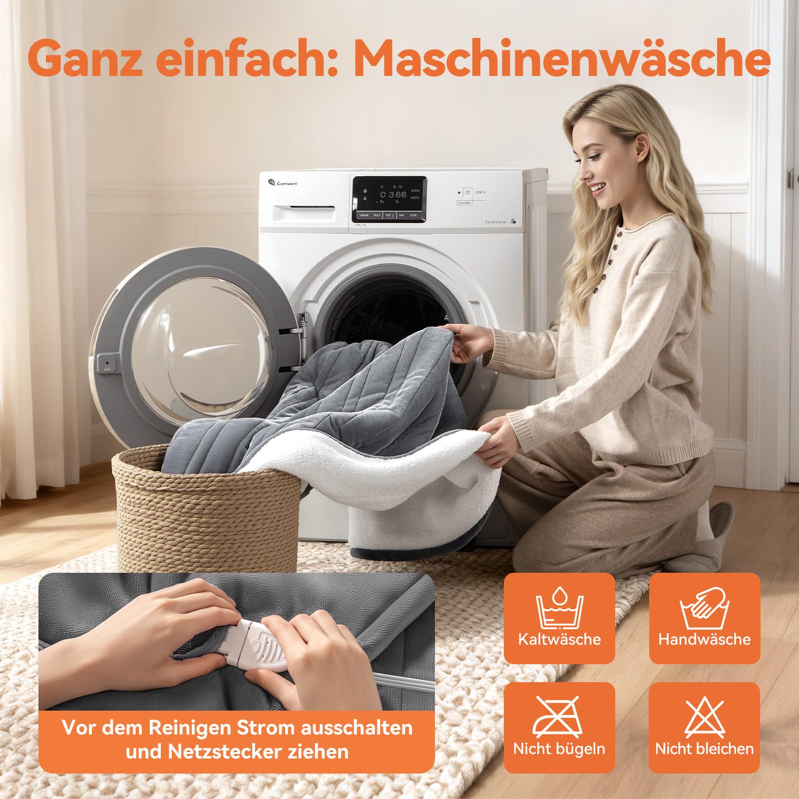 Heizdecke mit Abschaltautomatik & 9-Fach Wärmezonen 160x120 cm, 1-9h Timer mit Memory-Funktion, Schnellwärme & Gleichmäßige Wärme, Doppelseitig Flanell & Schaffell wärmedecke elektrisch