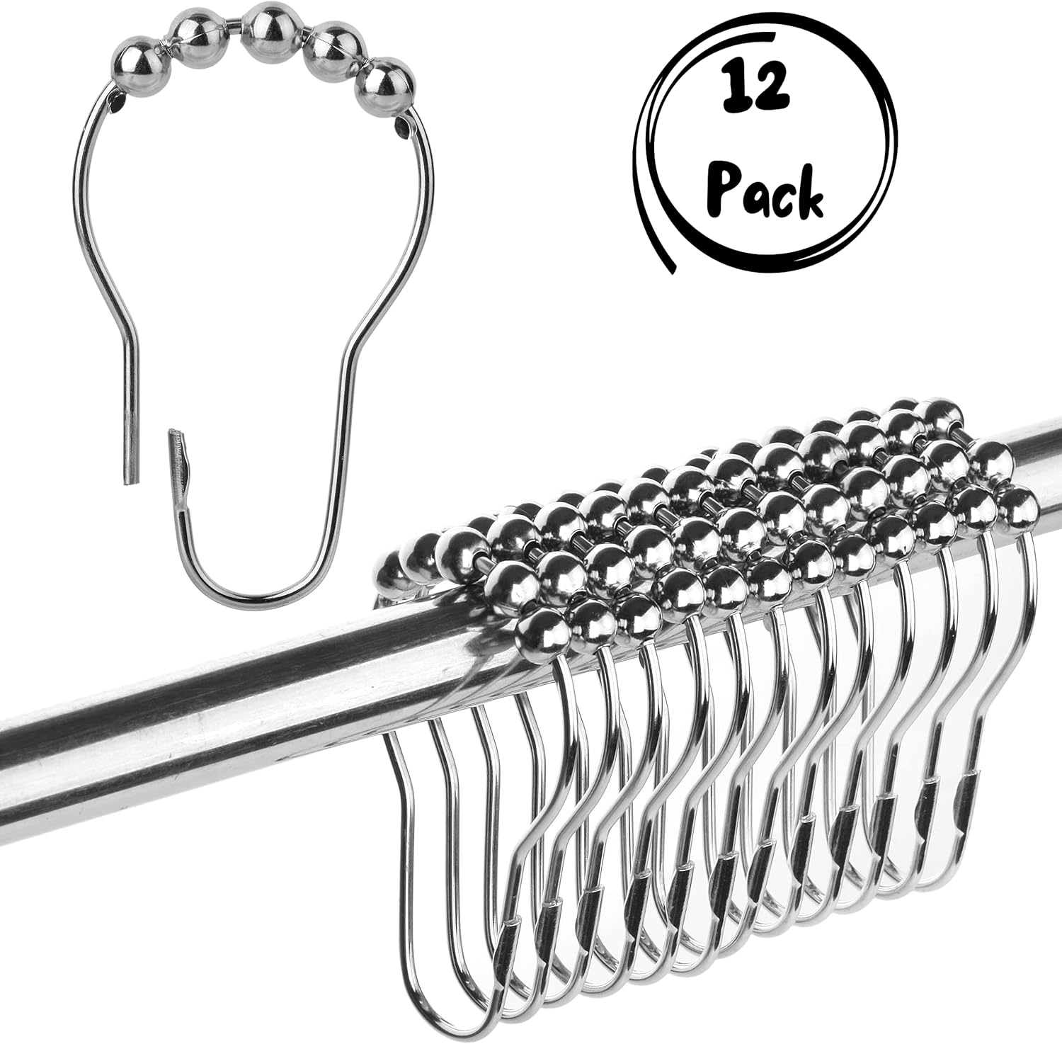 Slick- Shower Curtain Rings, 12 Pack, Silver Shower Curtain Hooks, Metal Shower Hooks, Shower Curtain Rings Rust Proof, Shower Curtain Hooks, Shower Rings for Curtain, Shower Hooks for Shower Curtain : Home & Kitchen