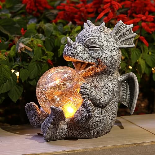 Miniatura 9 de Estatua de Dragón de Jardín con Energía Solar Figura Luminosa para Exteriores Decoración Linda que Sostiene Bola de Cristal Brillante Escultura de
