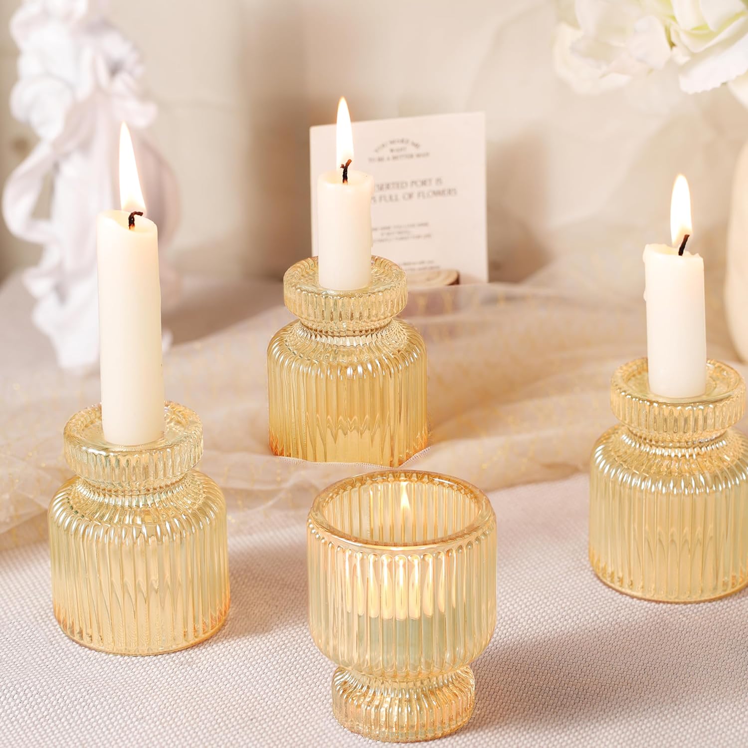 DARJEN 12 Pcs Glass Candlestick Holders- Gold Taper Candlestick Holders Tealight Votive Candle Holders for Table Centerpieces, Wedding, Dinner Party, Home Decor - Image 5