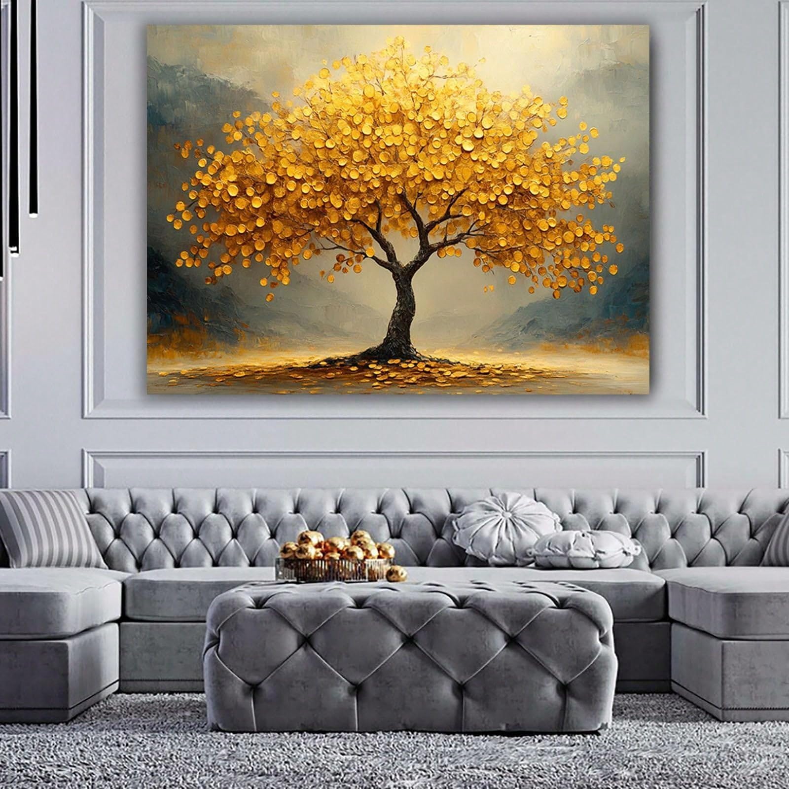 LMYSXAOZ Modern Golden Leaves Painting - Abstract Gold Money Tree Canvas Wall Art for Living Room Decor(65x130cm/Frameless)